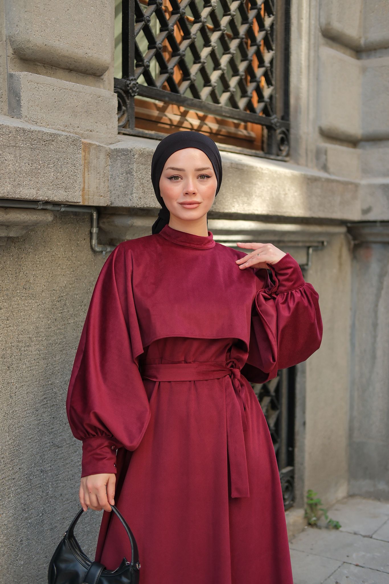 Mila Pelerin Detaylı Kadife Elbise - Bordo