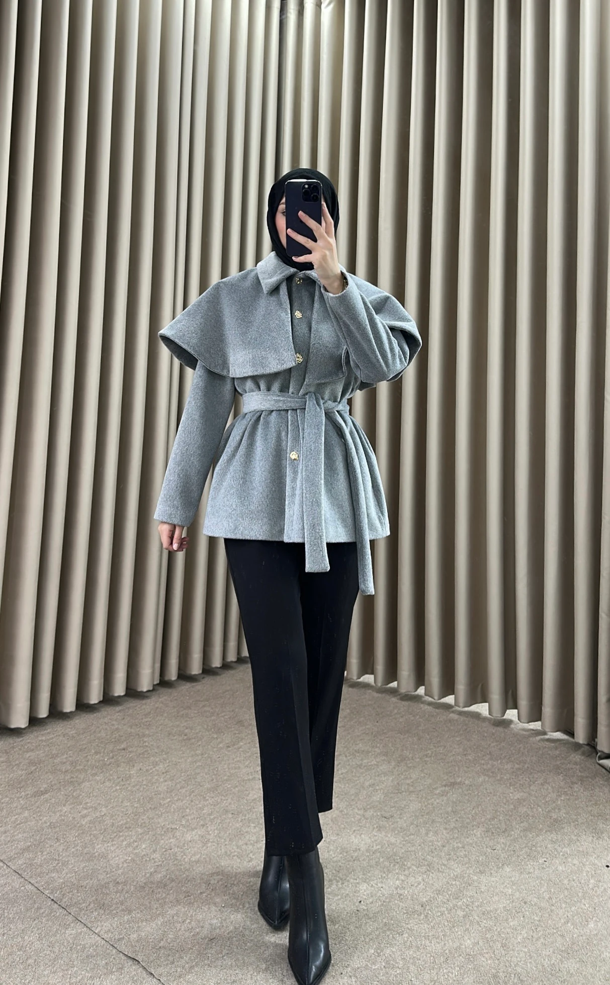 FLY PELERİN DETAYLI KAŞE KABAN GRİ K28