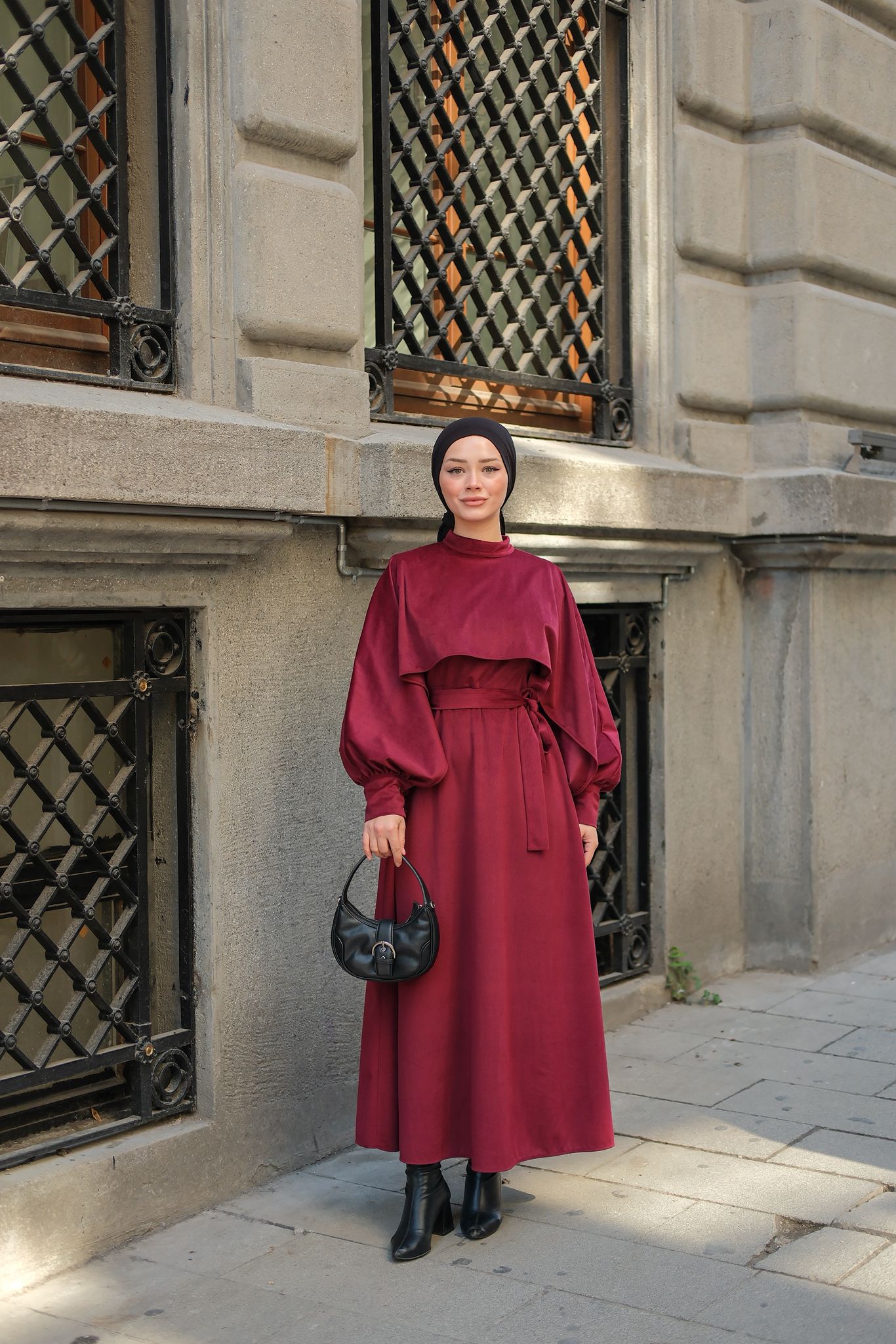 Mila Pelerin Detaylı Kadife Elbise - Bordo