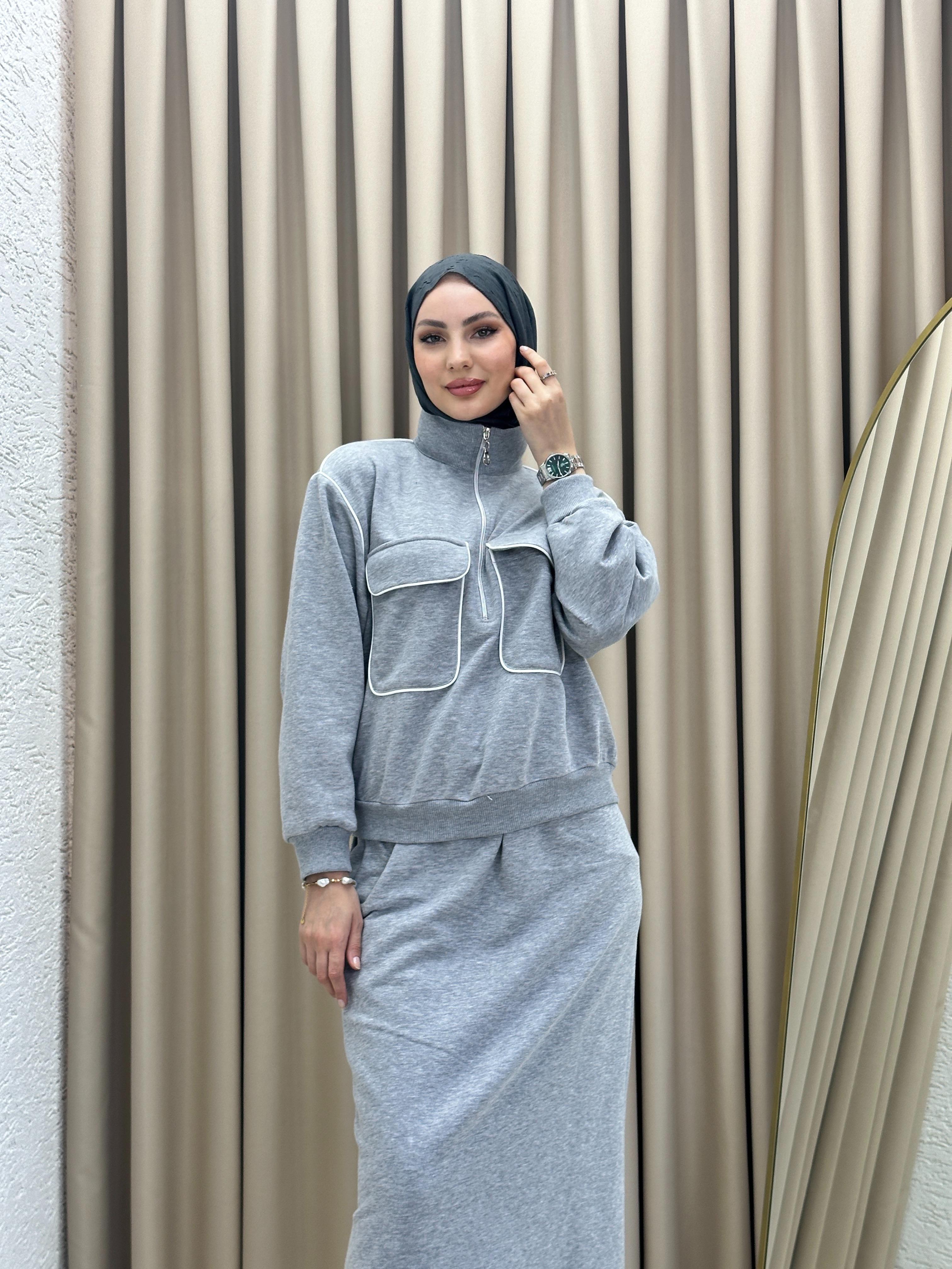 Şerit Detaylı Puf Takım Açık Gri T7