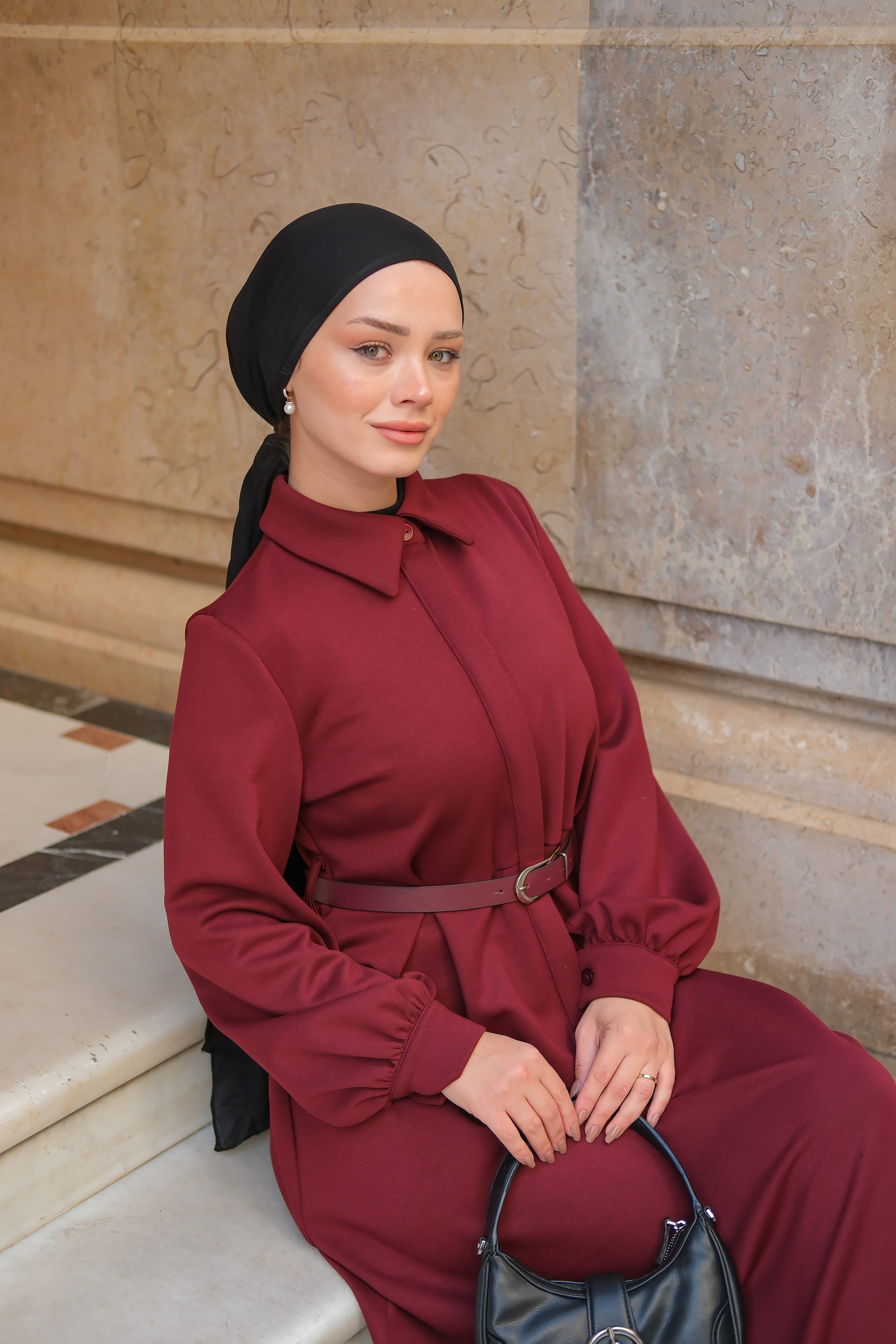 Oysho Deri Kemerli Elbise Bordo ELB174