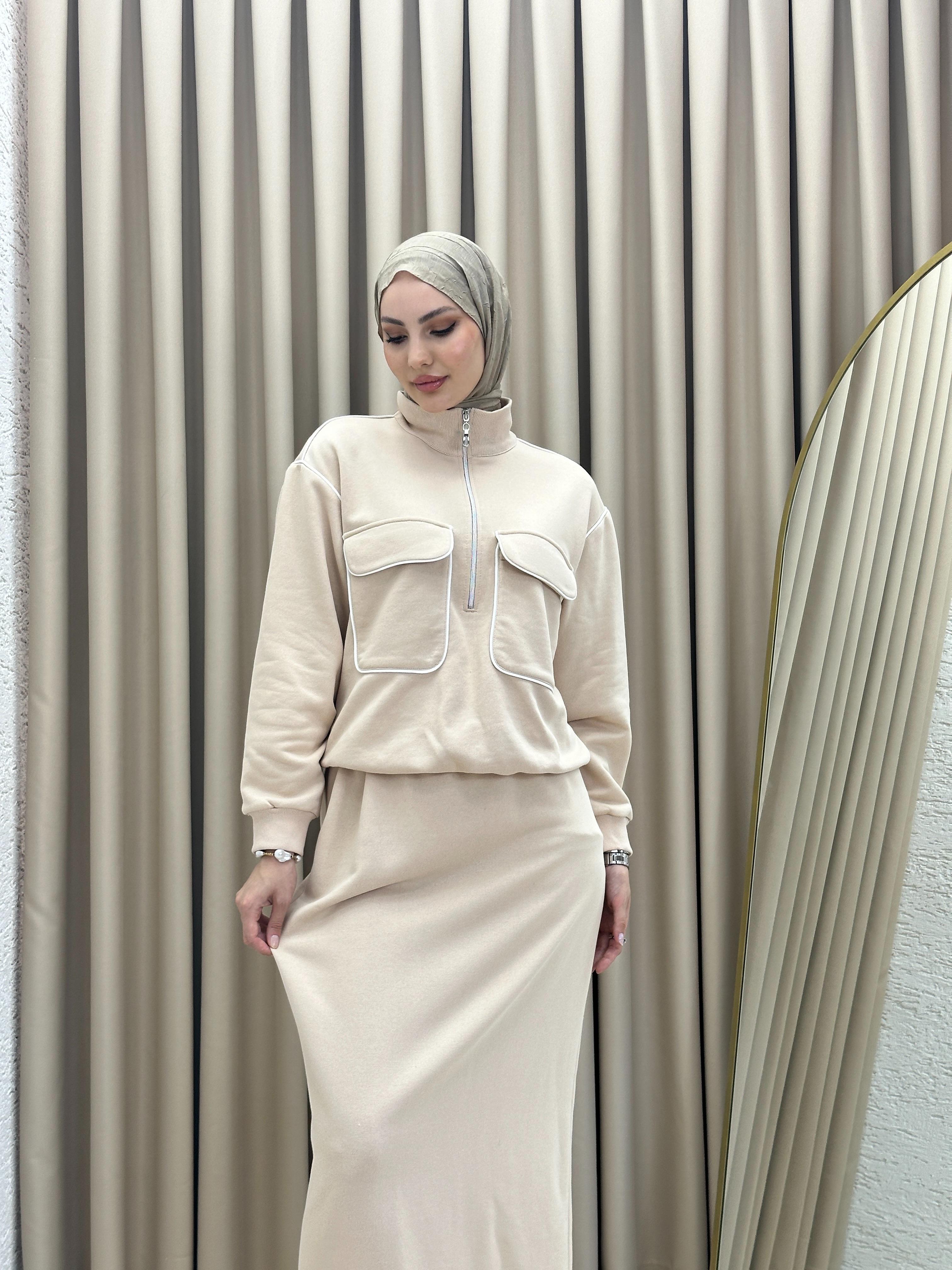 Şerit Detaylı Puf Takım Krem T7