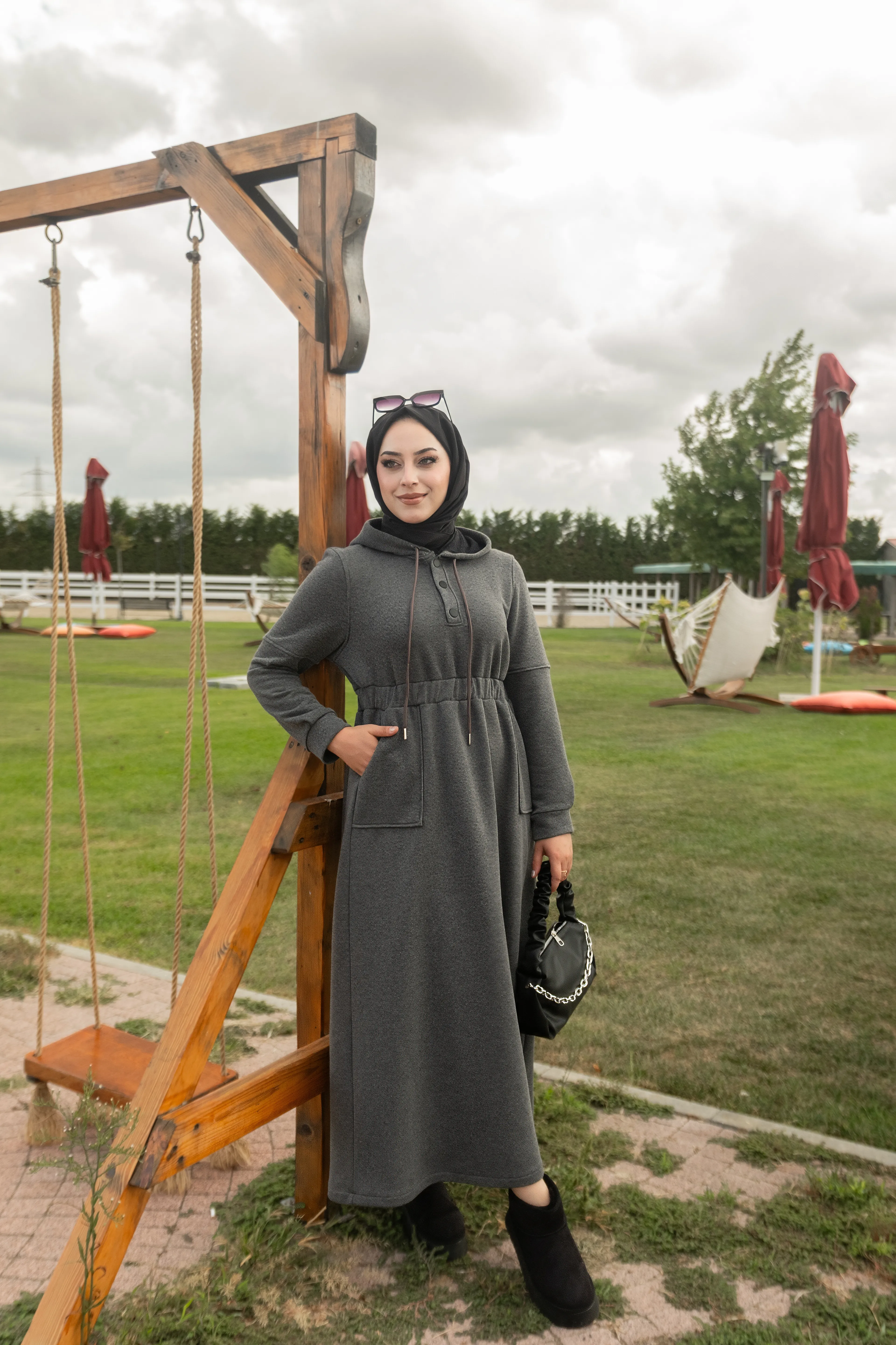 2 İplik Şapkalı Elbise Füme ELB180