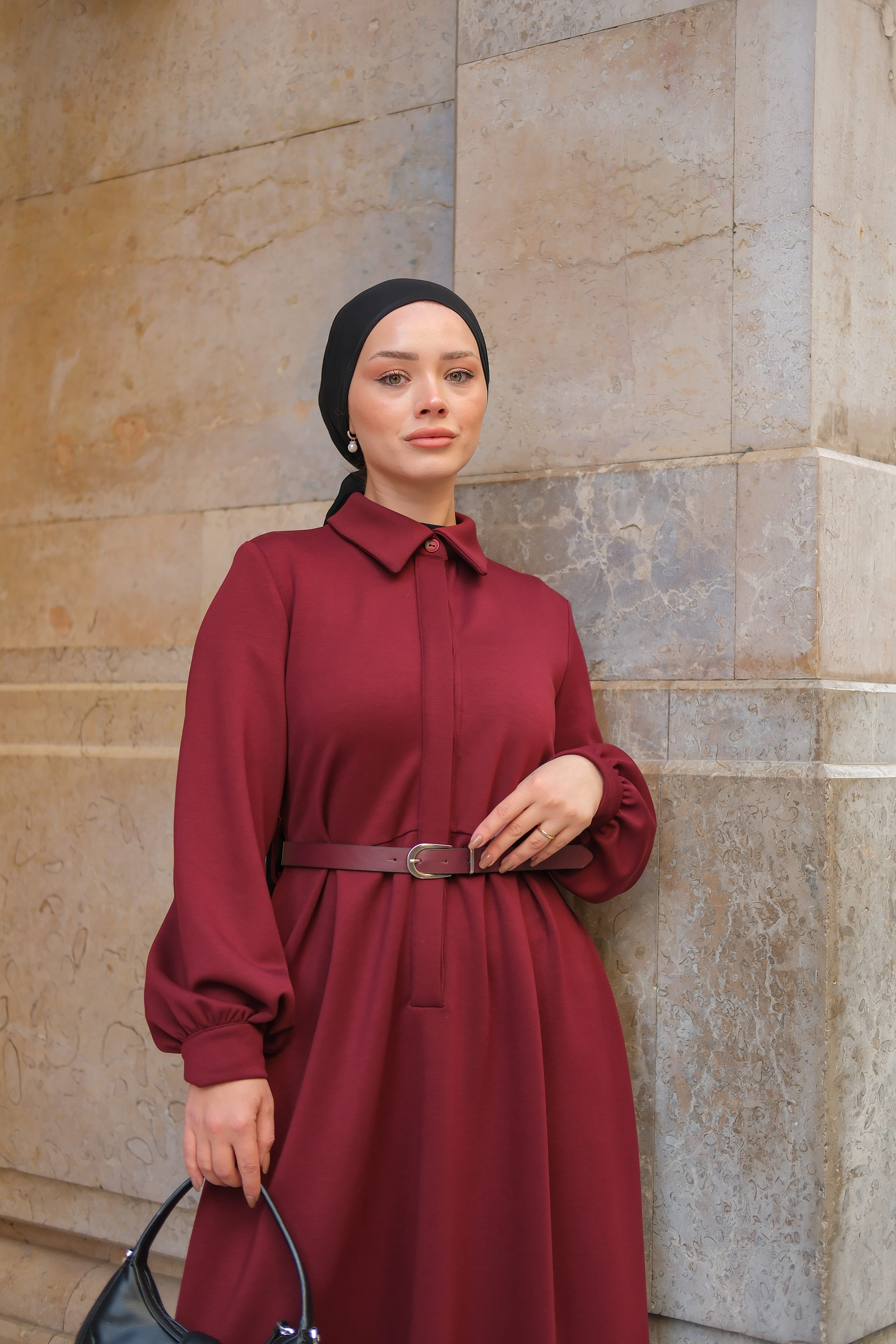 Oysho Deri Kemerli Elbise Bordo ELB174