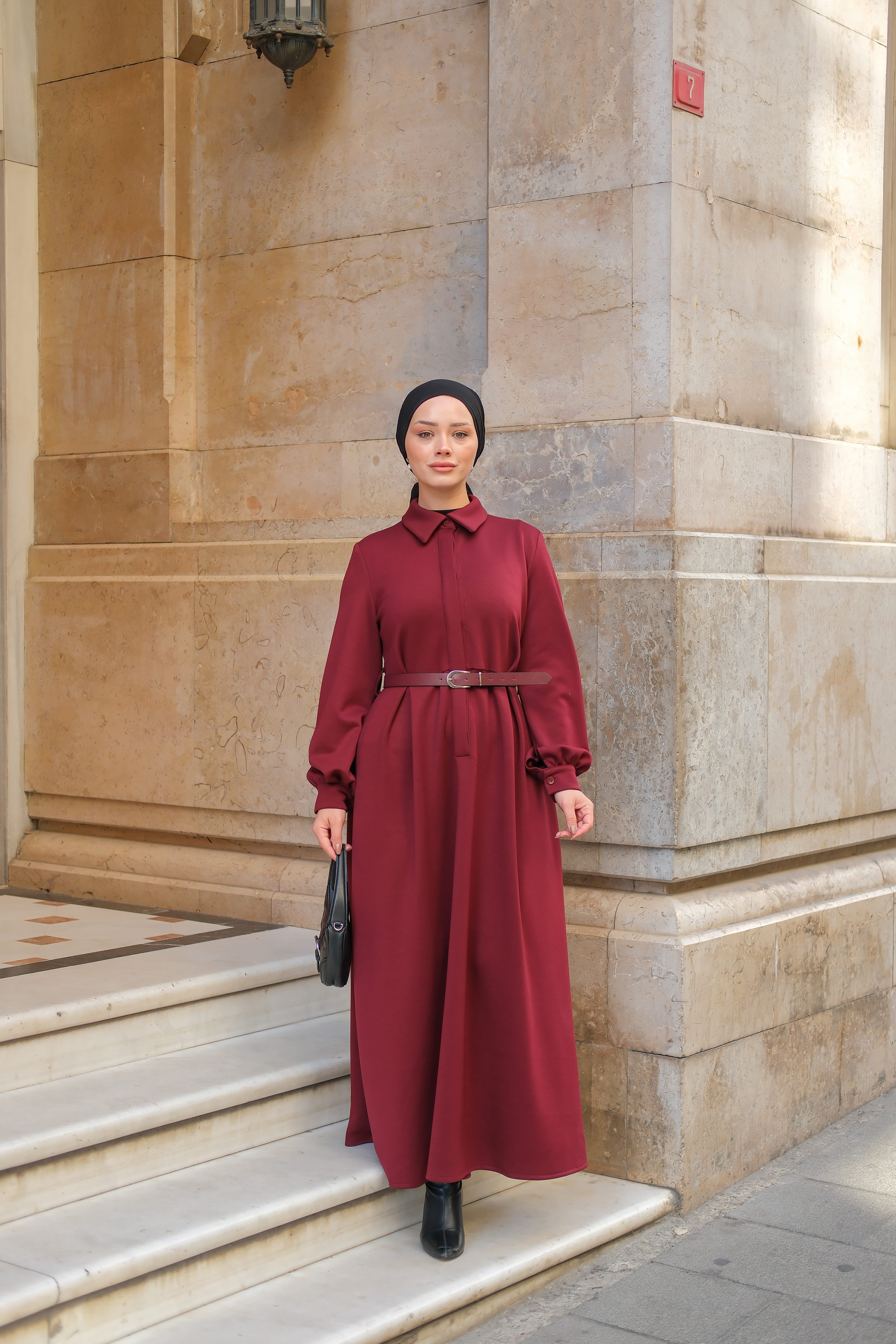 Oysho Deri Kemerli Elbise Bordo ELB174