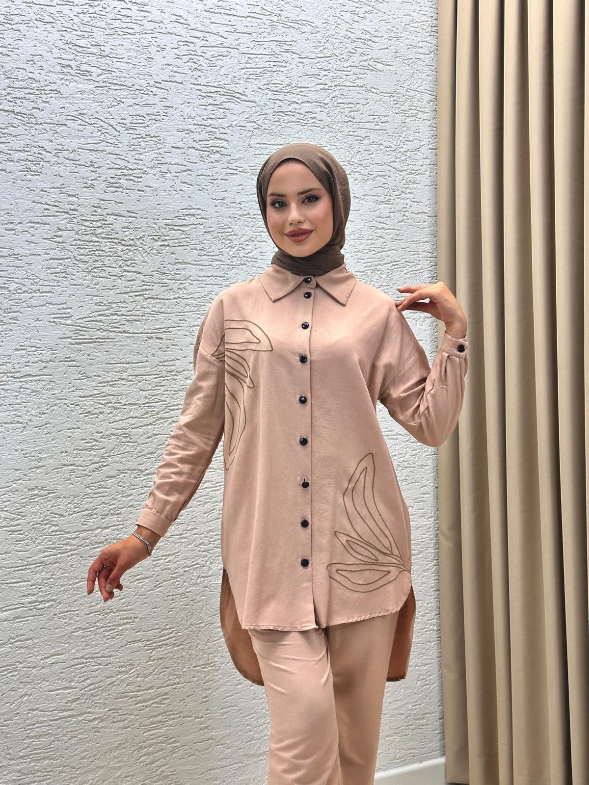 Poplin Kumaş Nakış İşlemeli Caty Takım Kahverengi T3