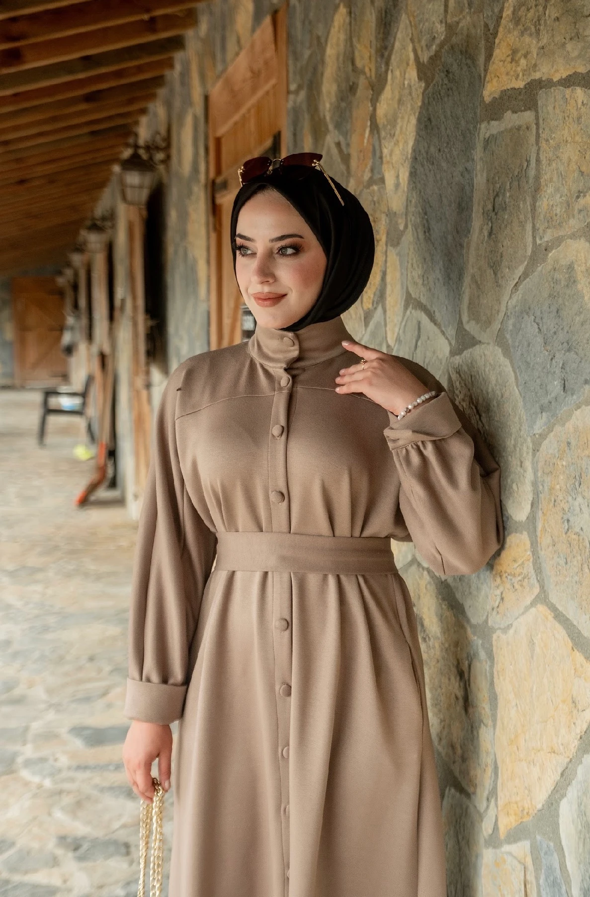 Düğmeli Oysho Elbise Bej ELB150