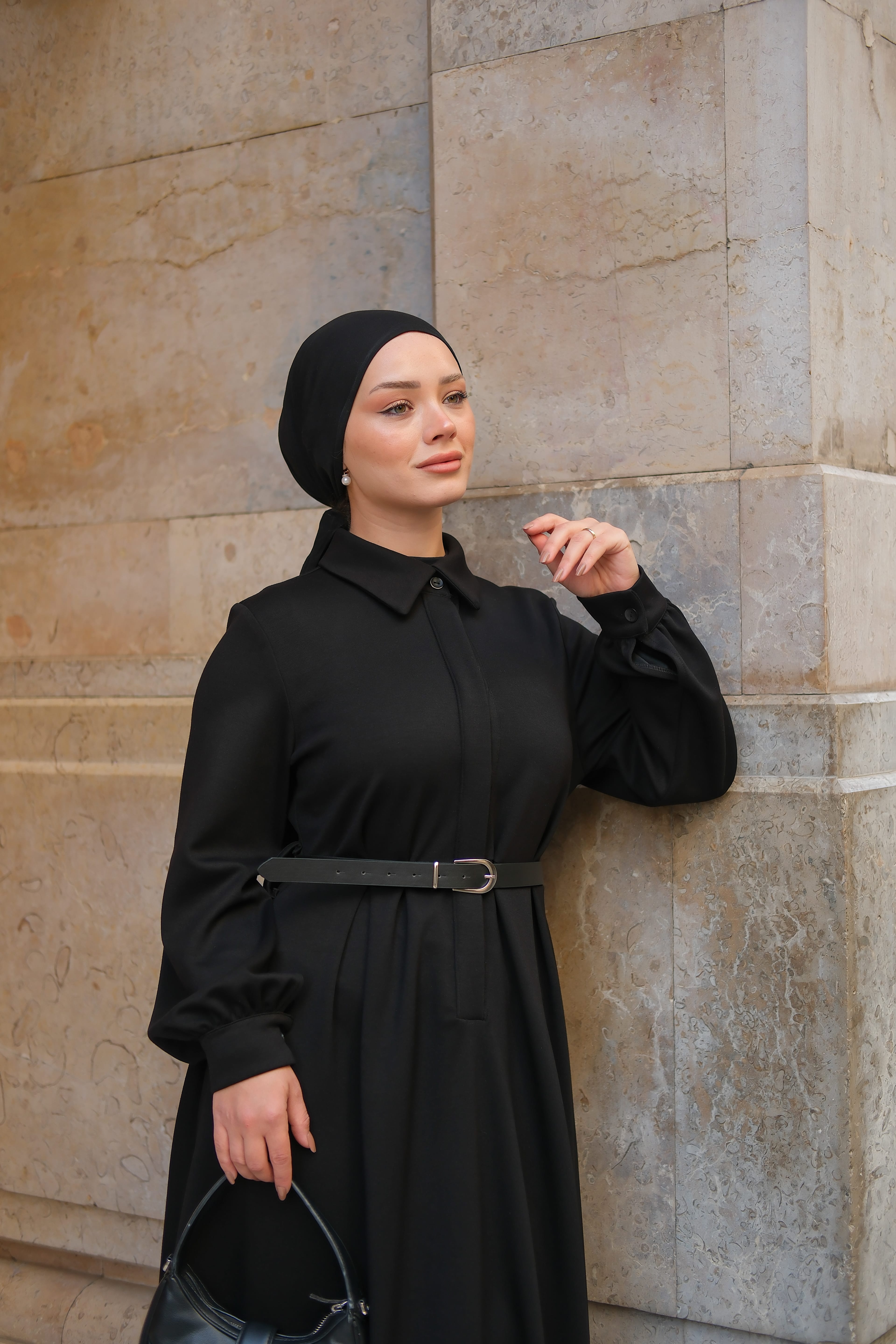 Oysho Deri Kemerli Elbise Siyah ELB174