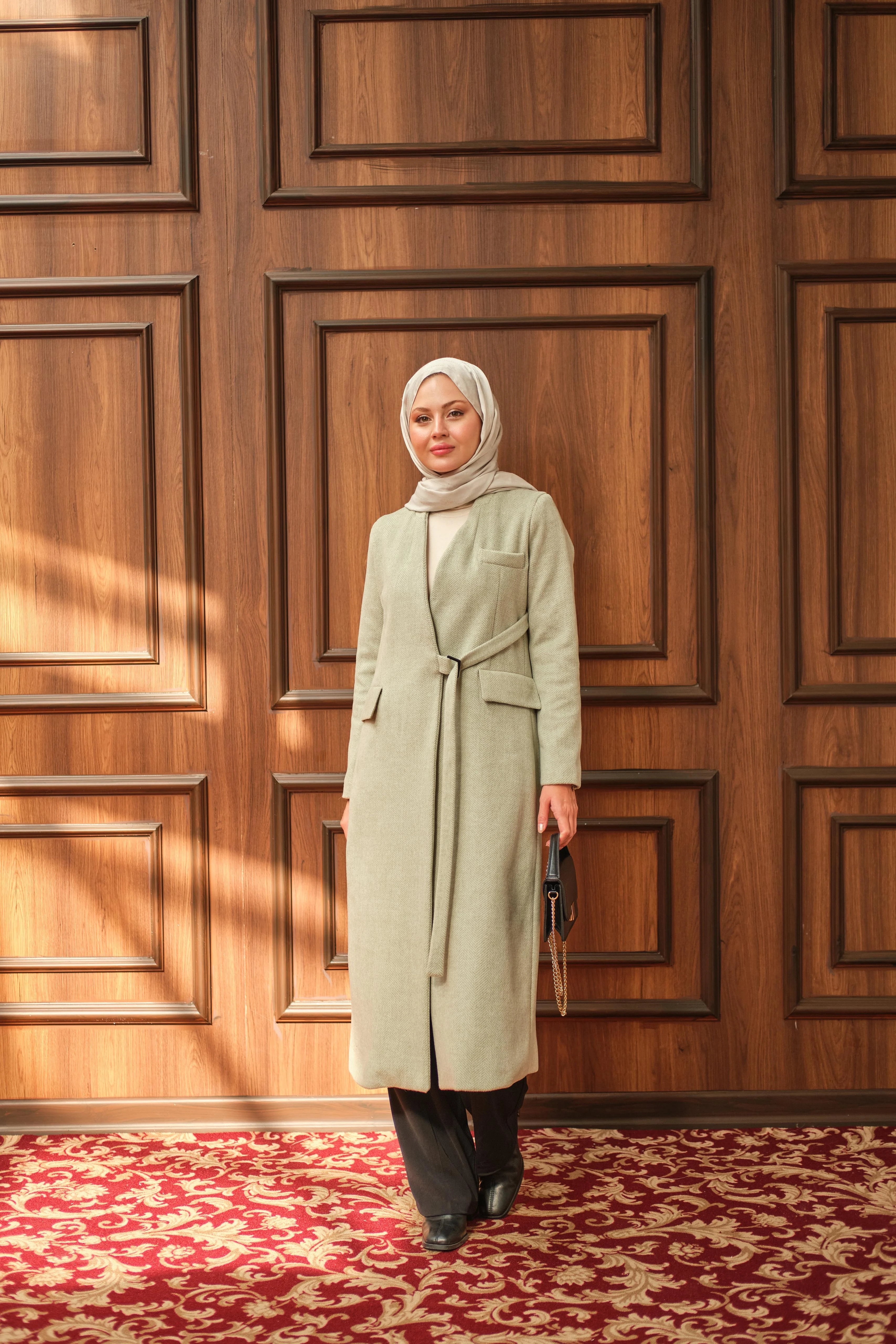 Alya Kuşaklı V Yaka Kaban-Mint Yeşili