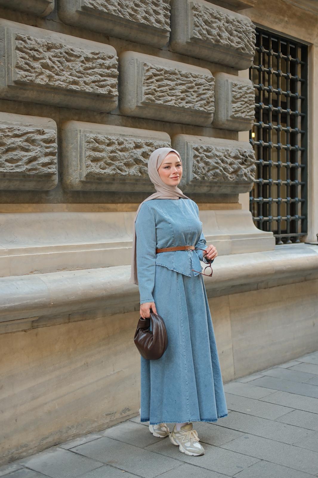 Noa Seyyar Kemer Detaylı Denim Takım -Buz Mavisi