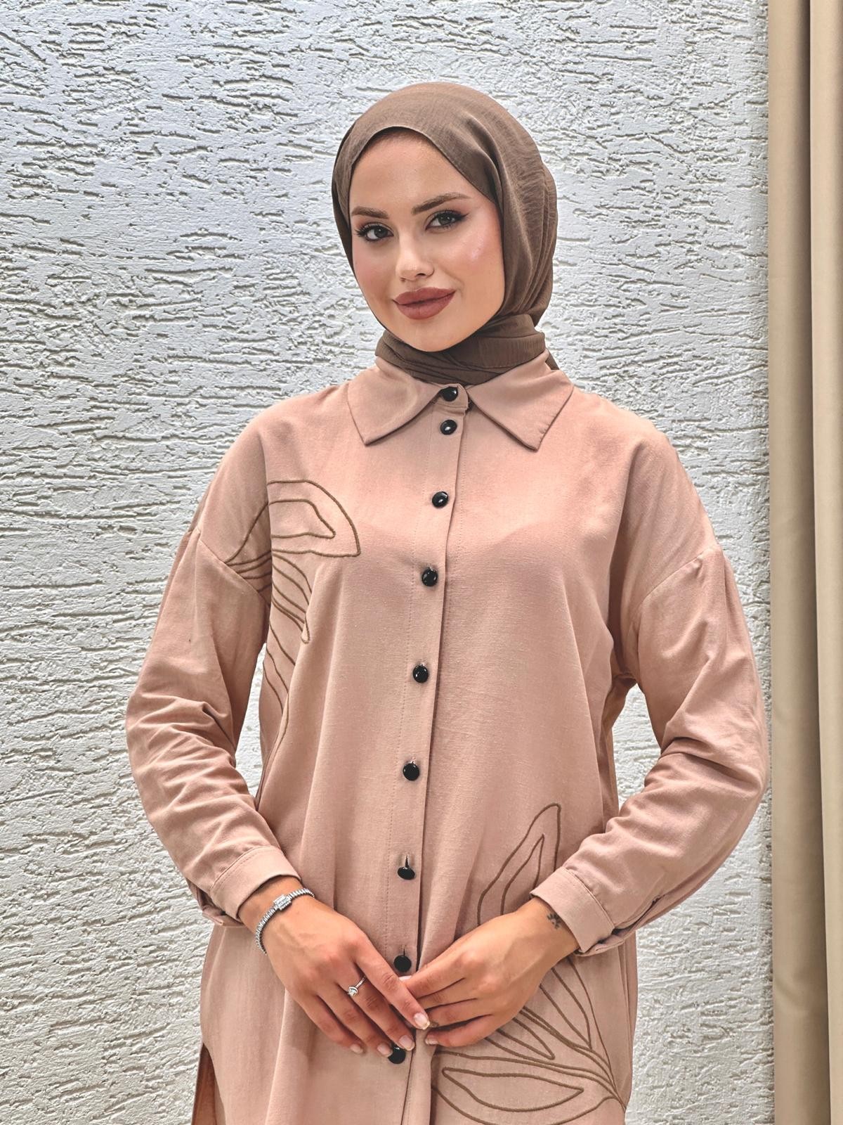 Poplin Kumaş Nakış İşlemeli Caty Takım Kahverengi T3