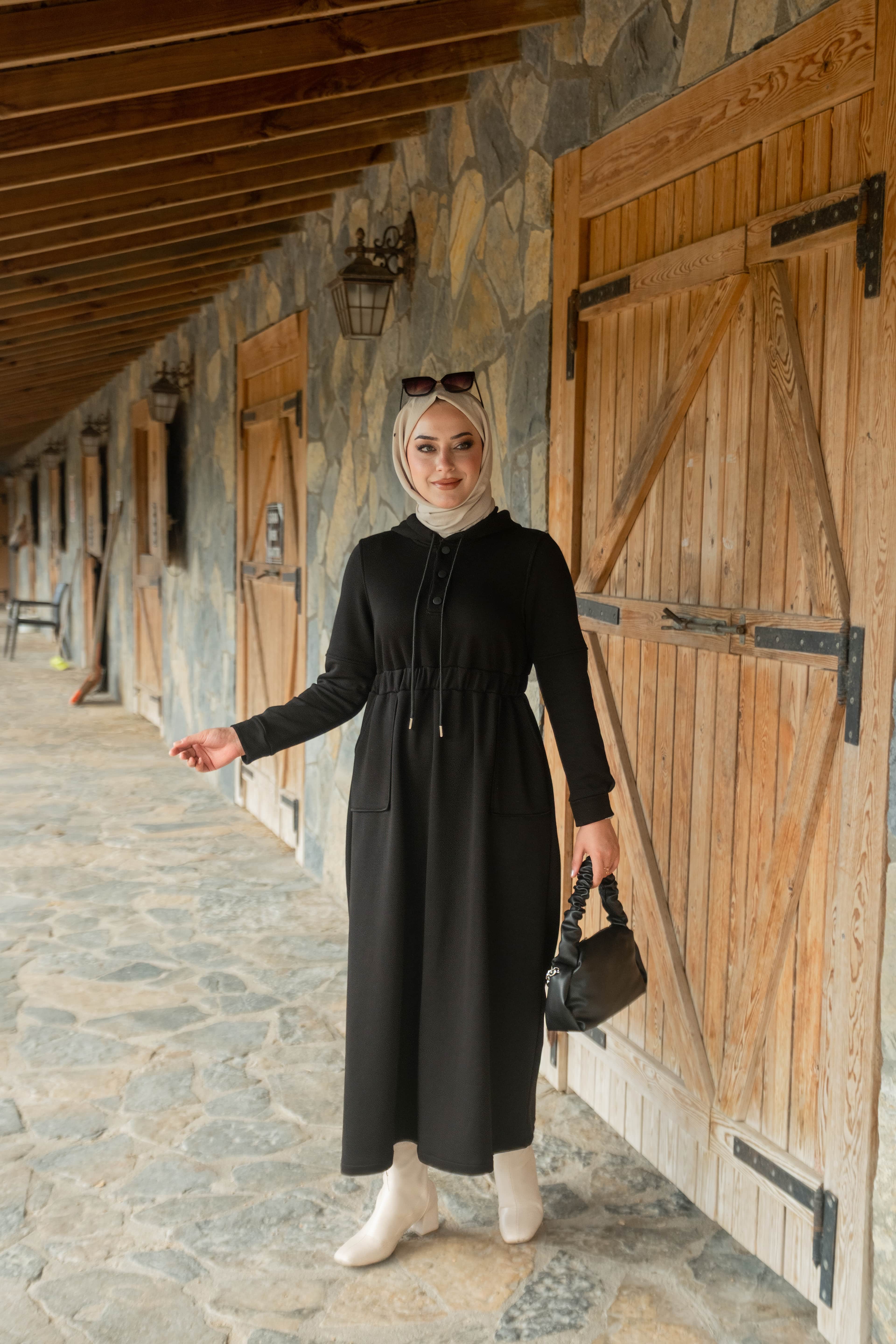 2 İplik Şapkalı Elbise Siyah ELB180