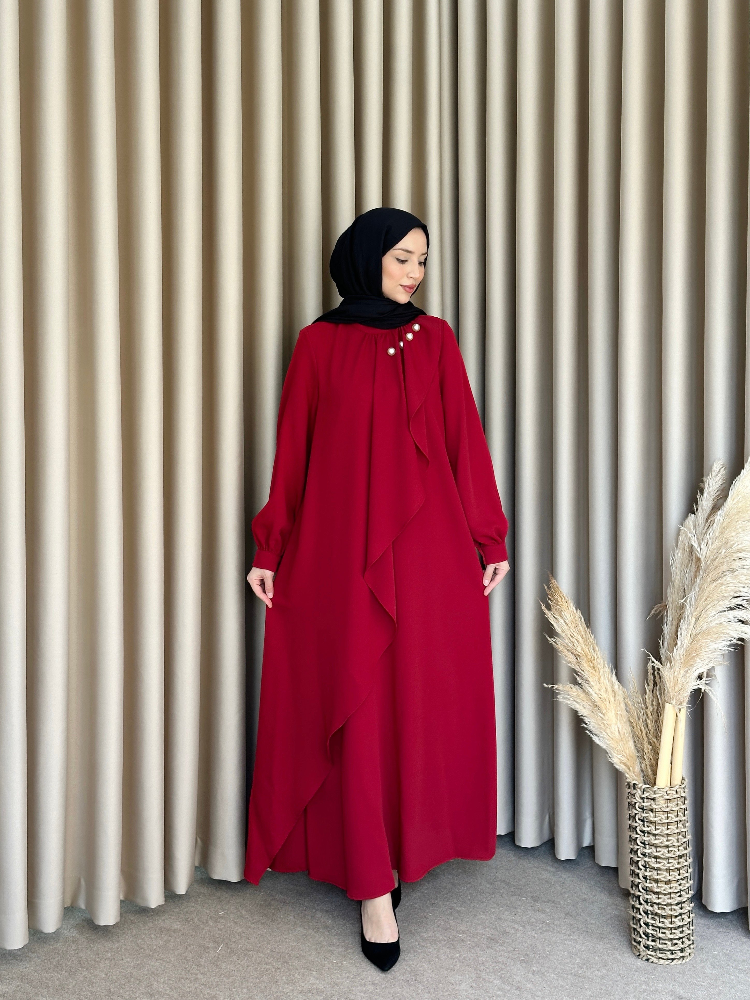 İncili Crep Elbise Bordo ELB80