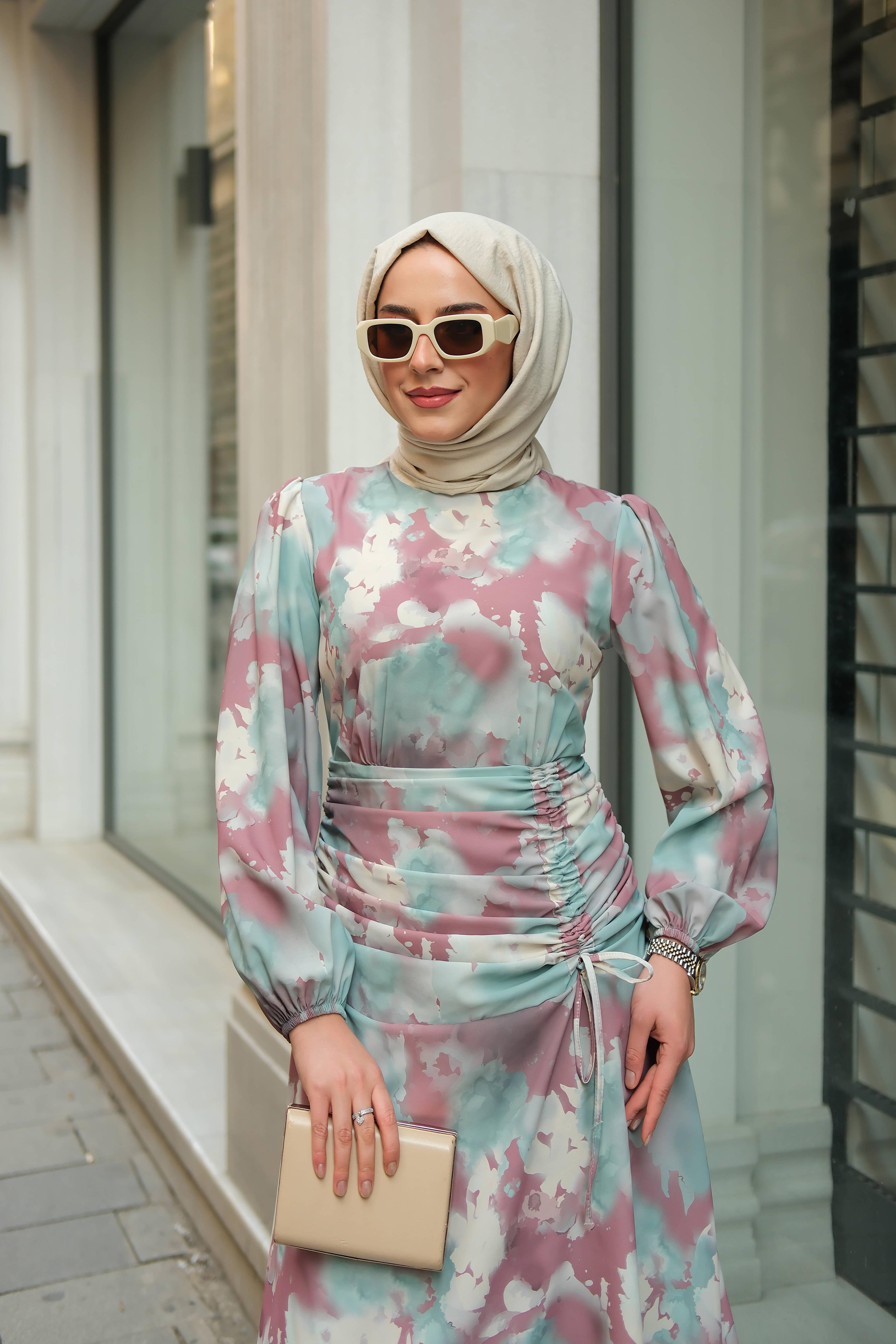 Özel İp Detaylı Shine Elbise Pembe Mavi  Zemin ELB22