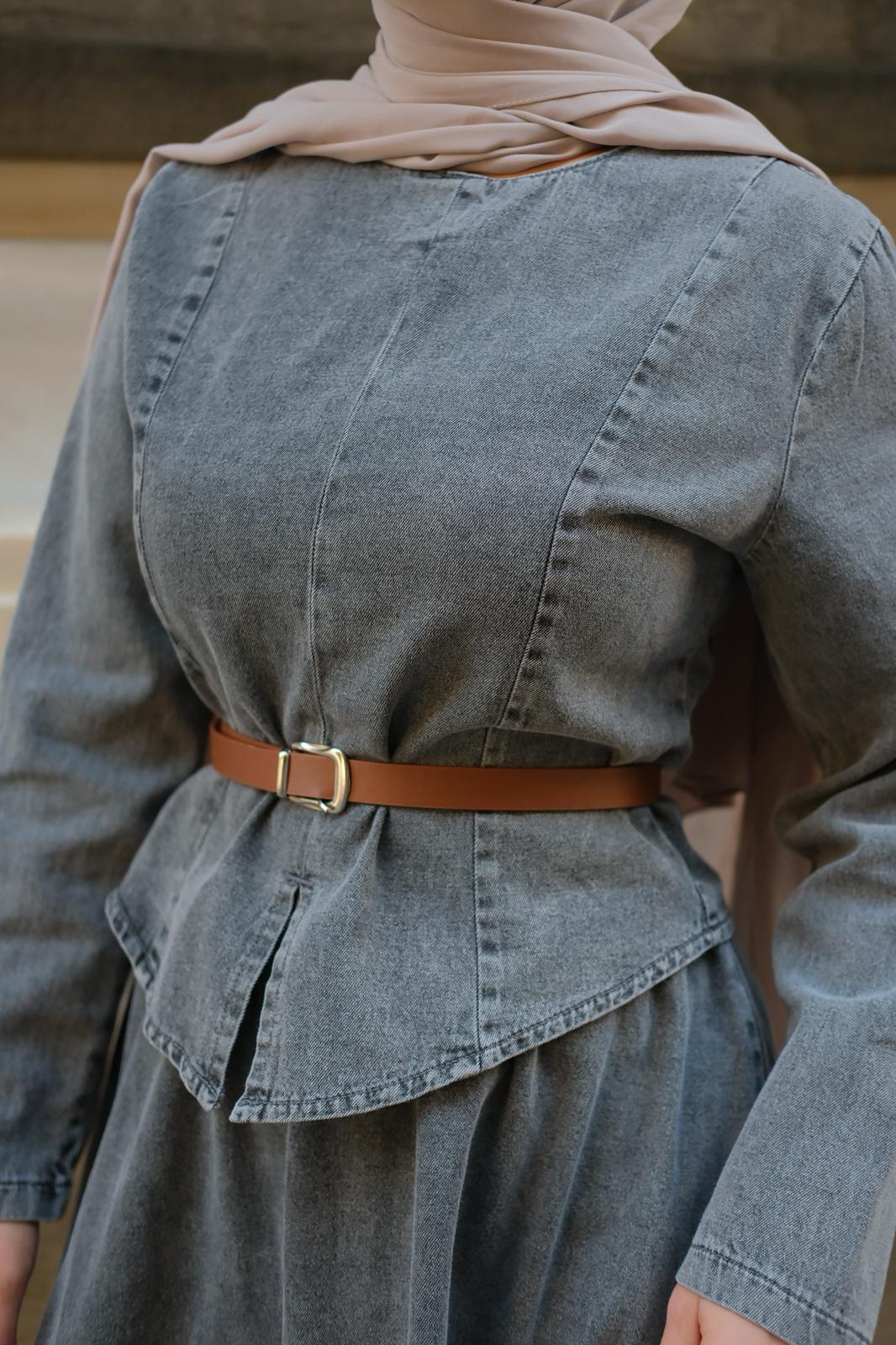 Noa Seyyar Kemer Detaylı Denim Takım -Antrasit Gri