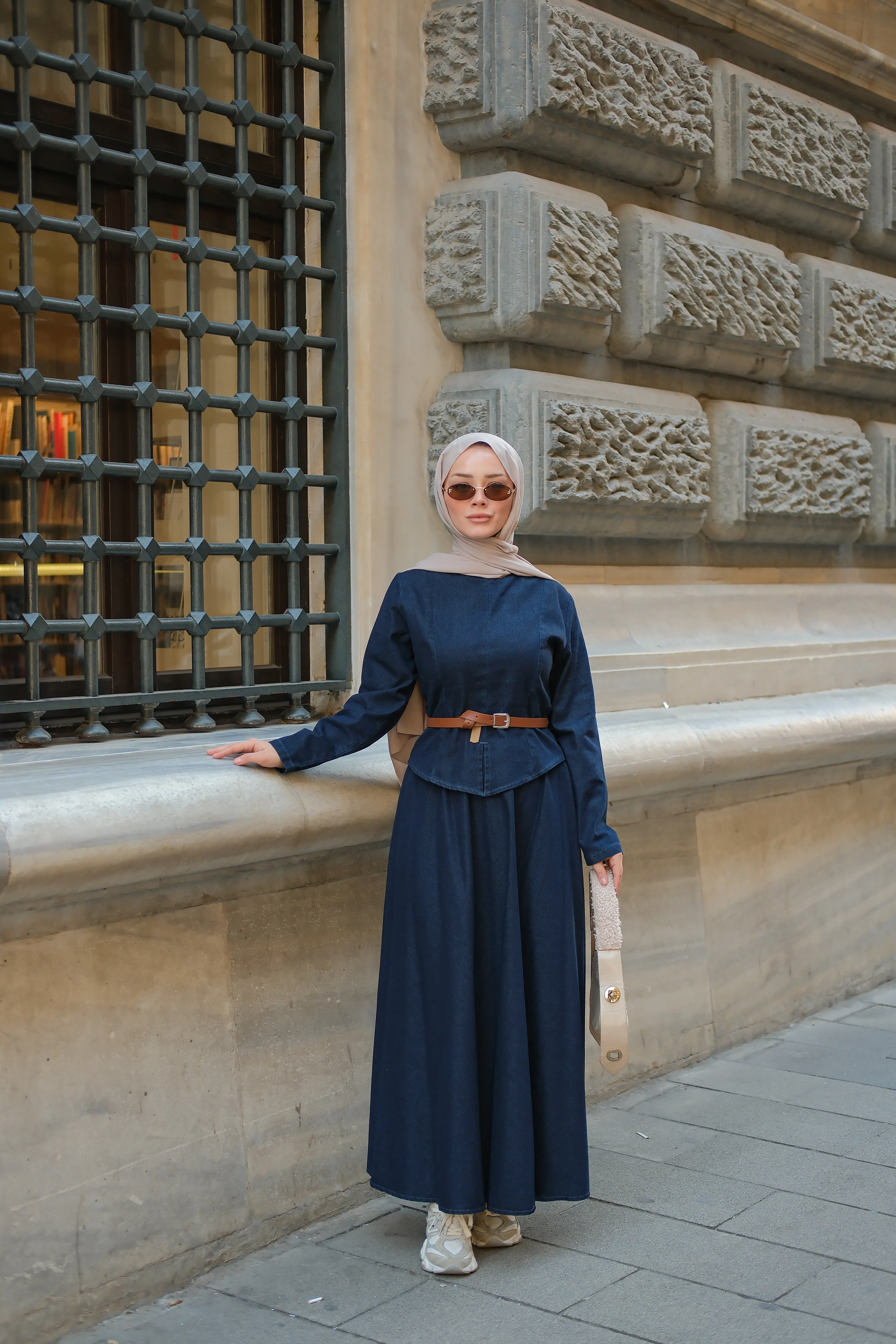 Noa Seyyar Kemer Detaylı Denim Takım - Lacivert