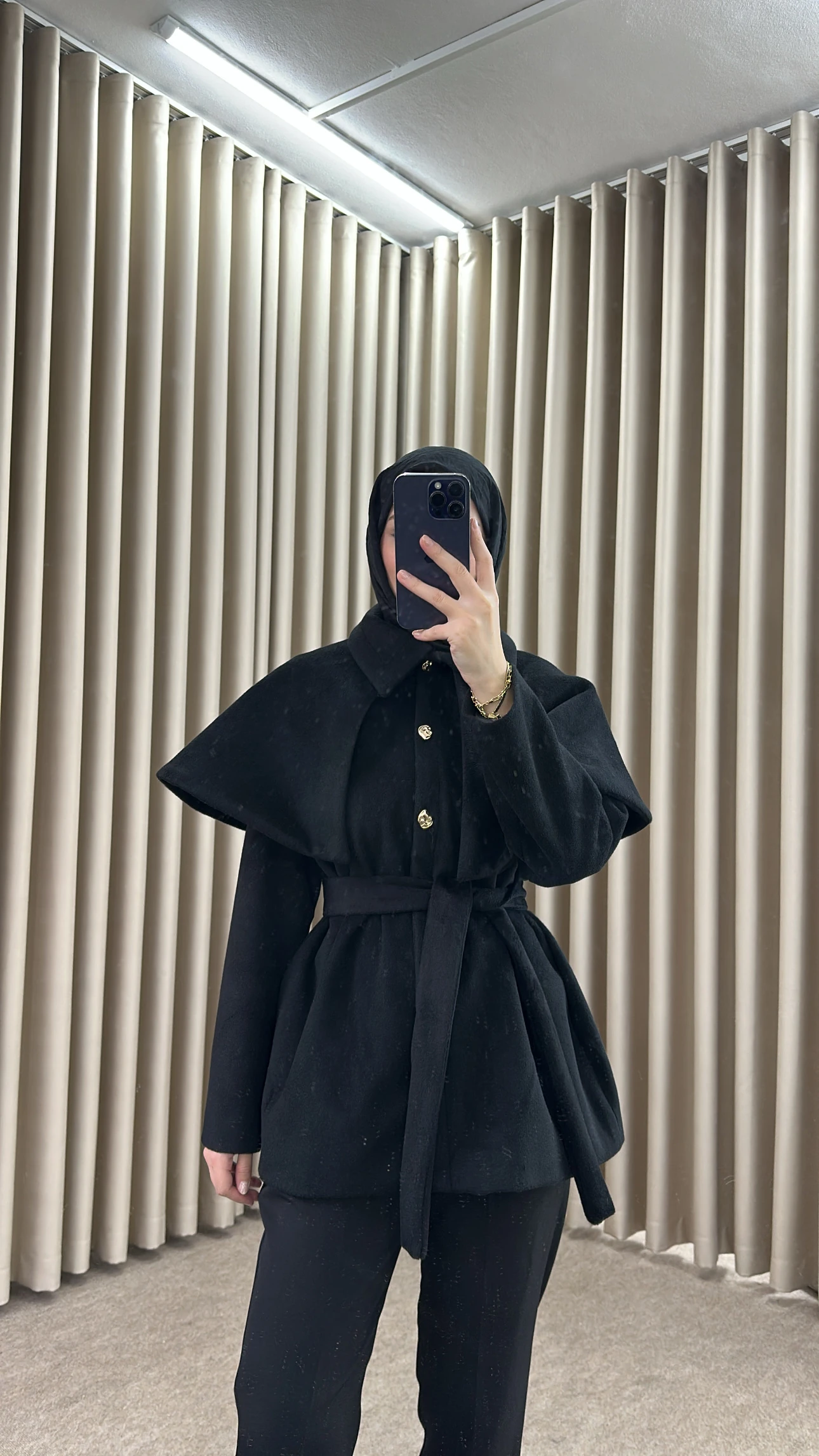 FLY PELERİN DETAYLI KAŞE KABAN SİYAH K28