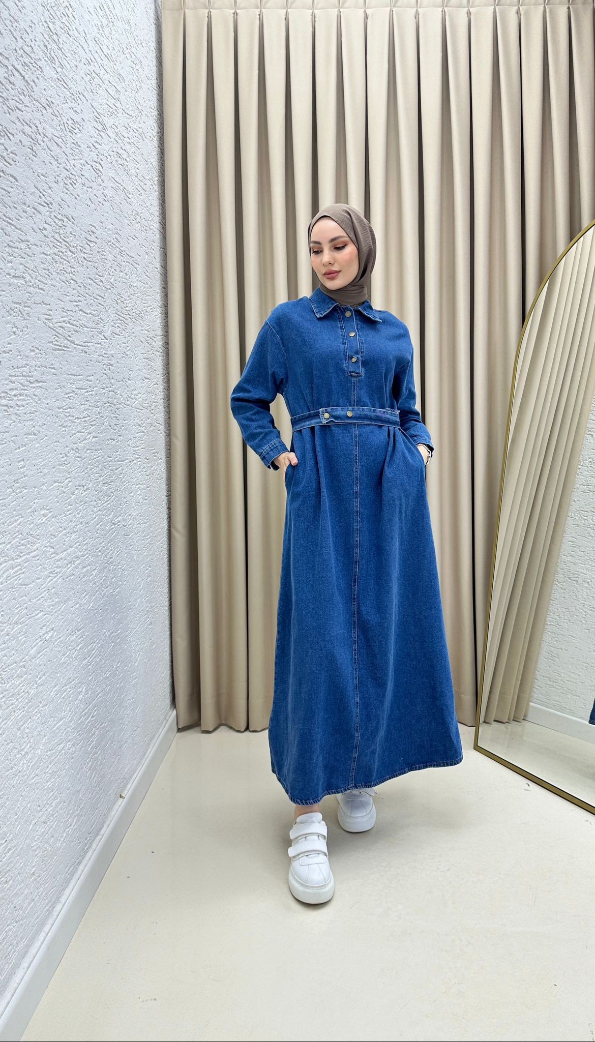 Çıt Çıt Detaylı Denim Kot Elbise Koyu Mavi ELB12