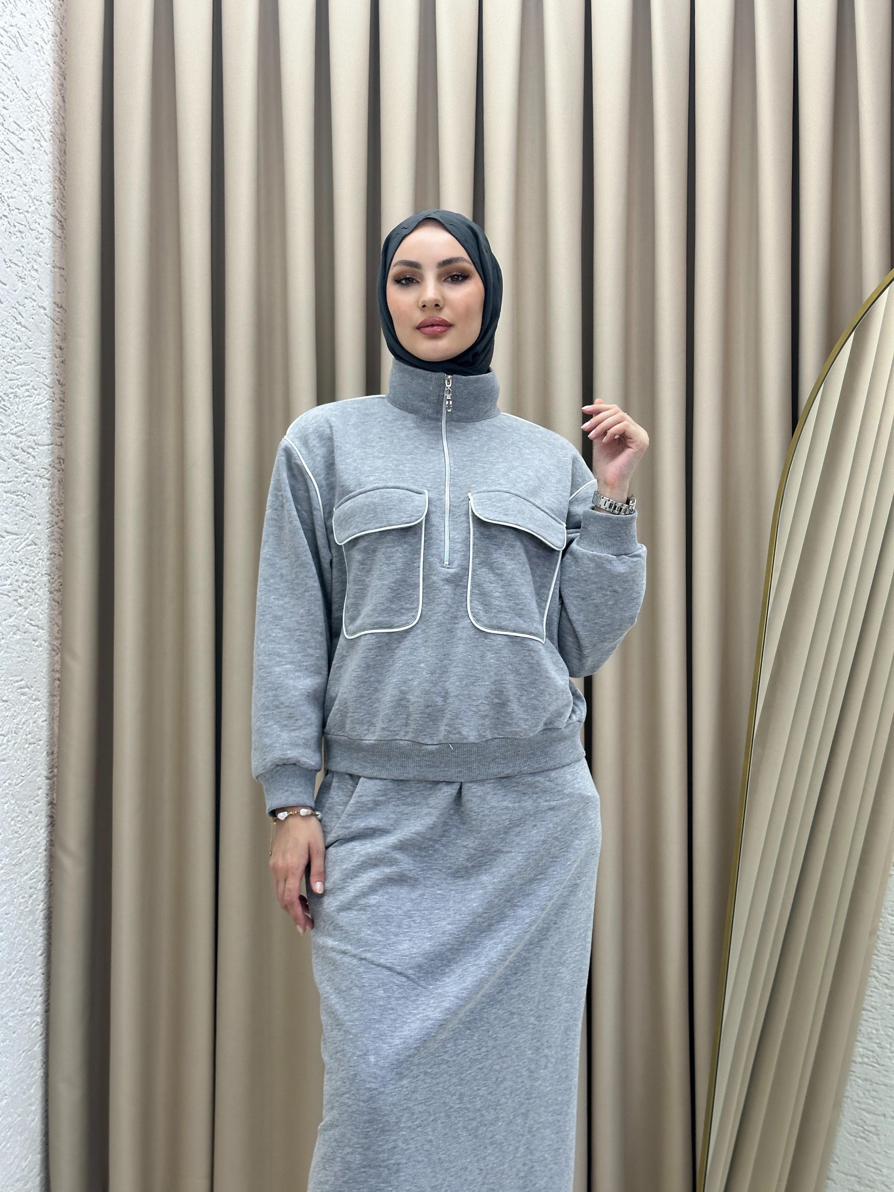 Şerit Detaylı Puf Takım Açık Gri T7