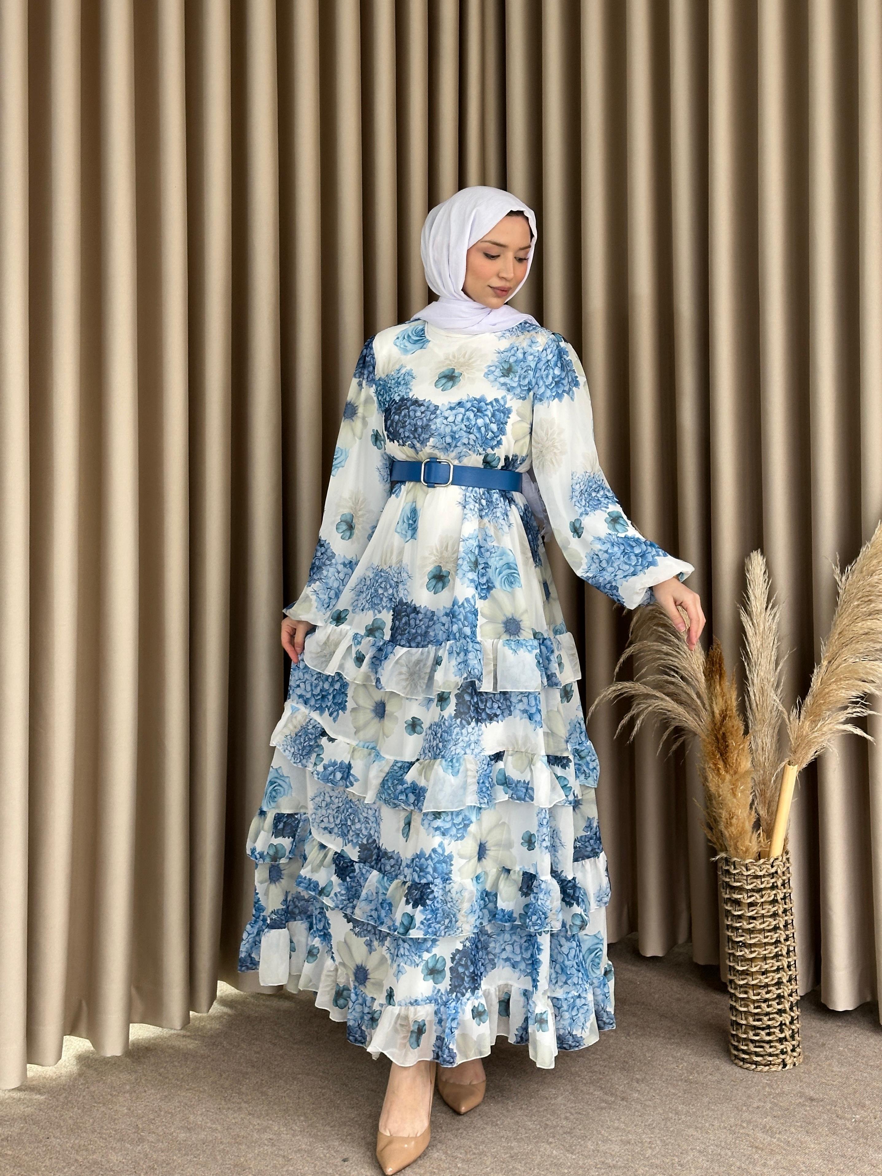 Holy Şifon Çiçek Desen Mavi Detay ELB28
