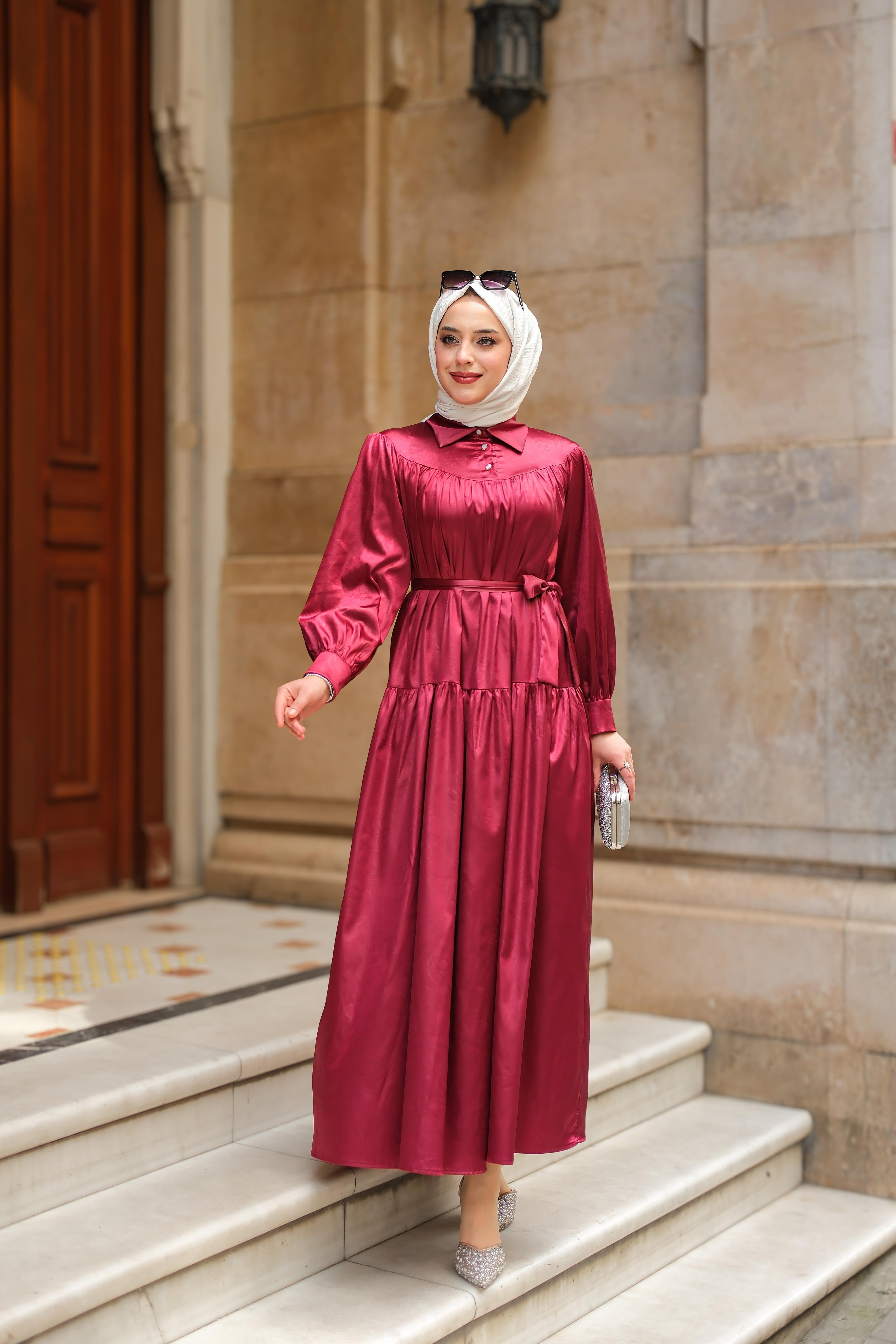 Dora Desenli İpek Saten Elbise Bordo ELB30