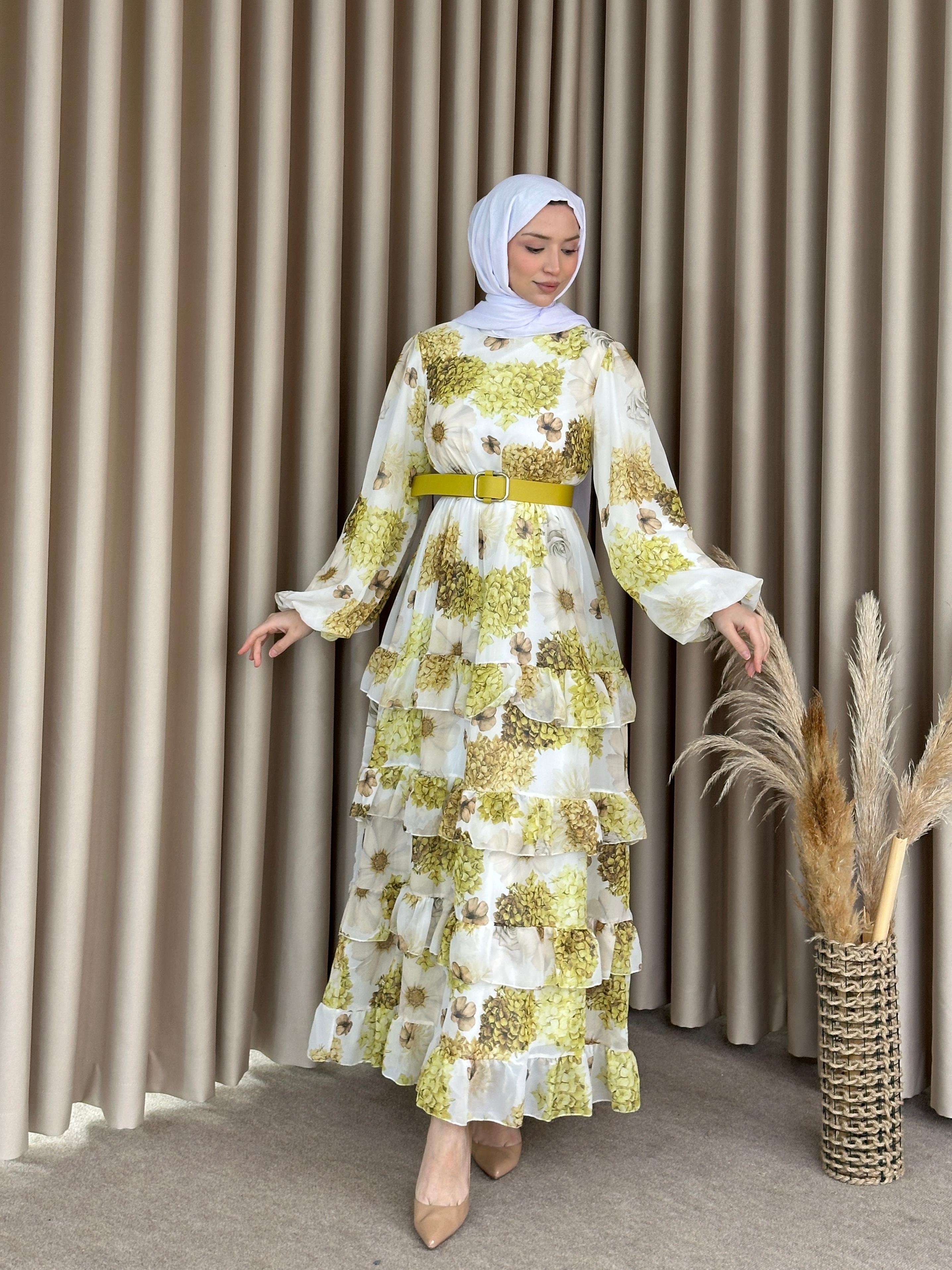 Holy Şifon Elbise Çiçek Detay Sarı Detay ELB28