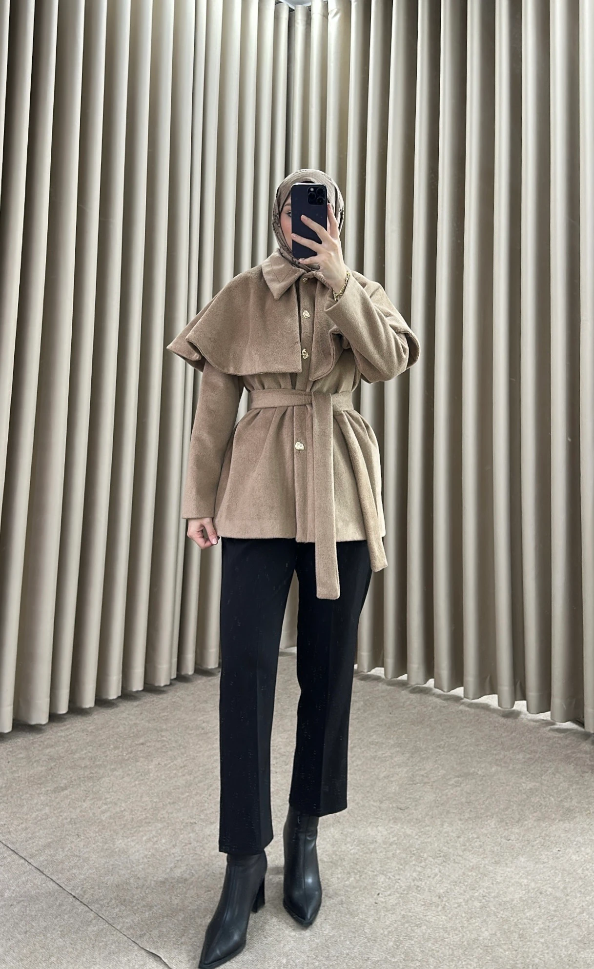 Fly Pelerin Detaylı Kaşe Kaban Bej K28