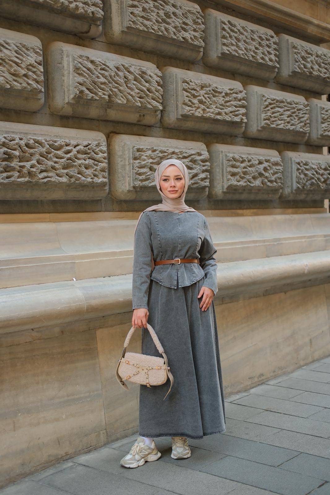 Noa Seyyar Kemer Detaylı Denim Takım -Antrasit Gri