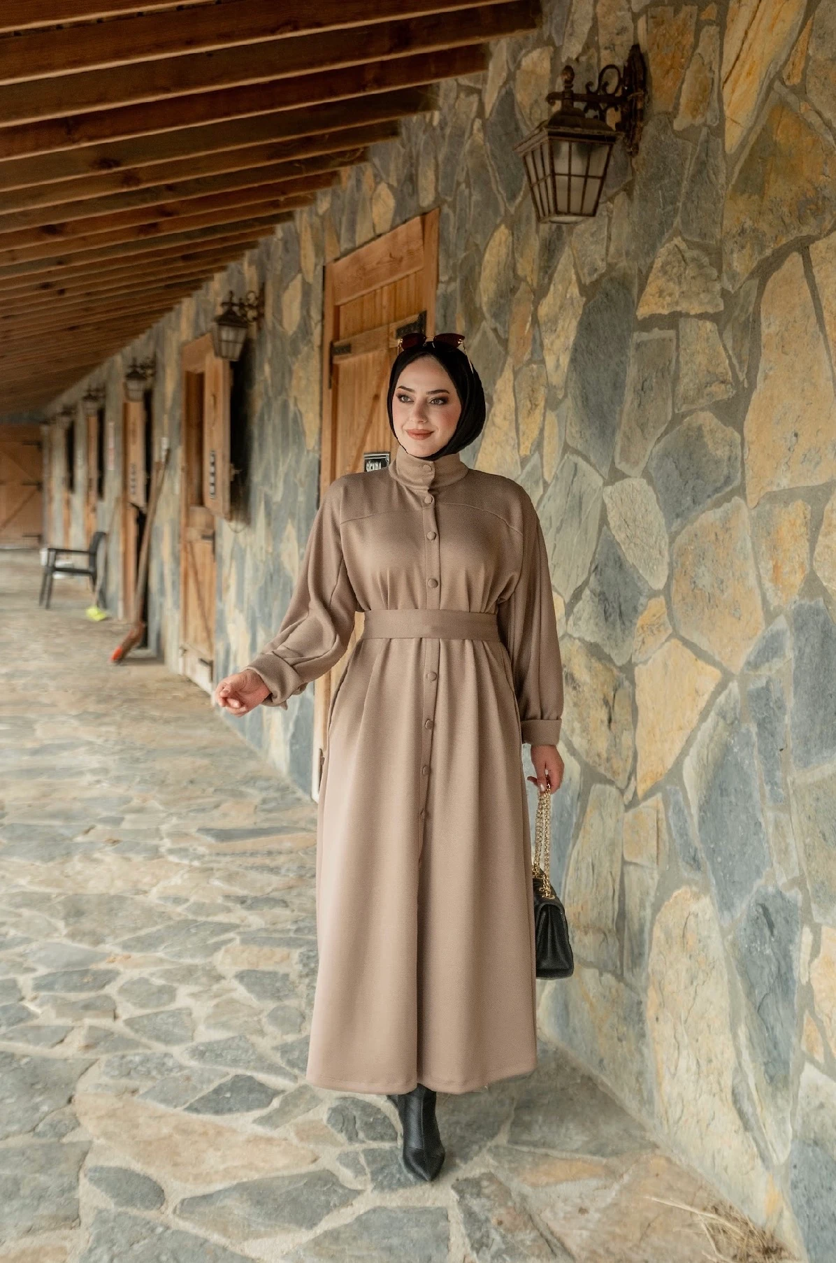 Düğmeli Oysho Elbise Bej ELB150