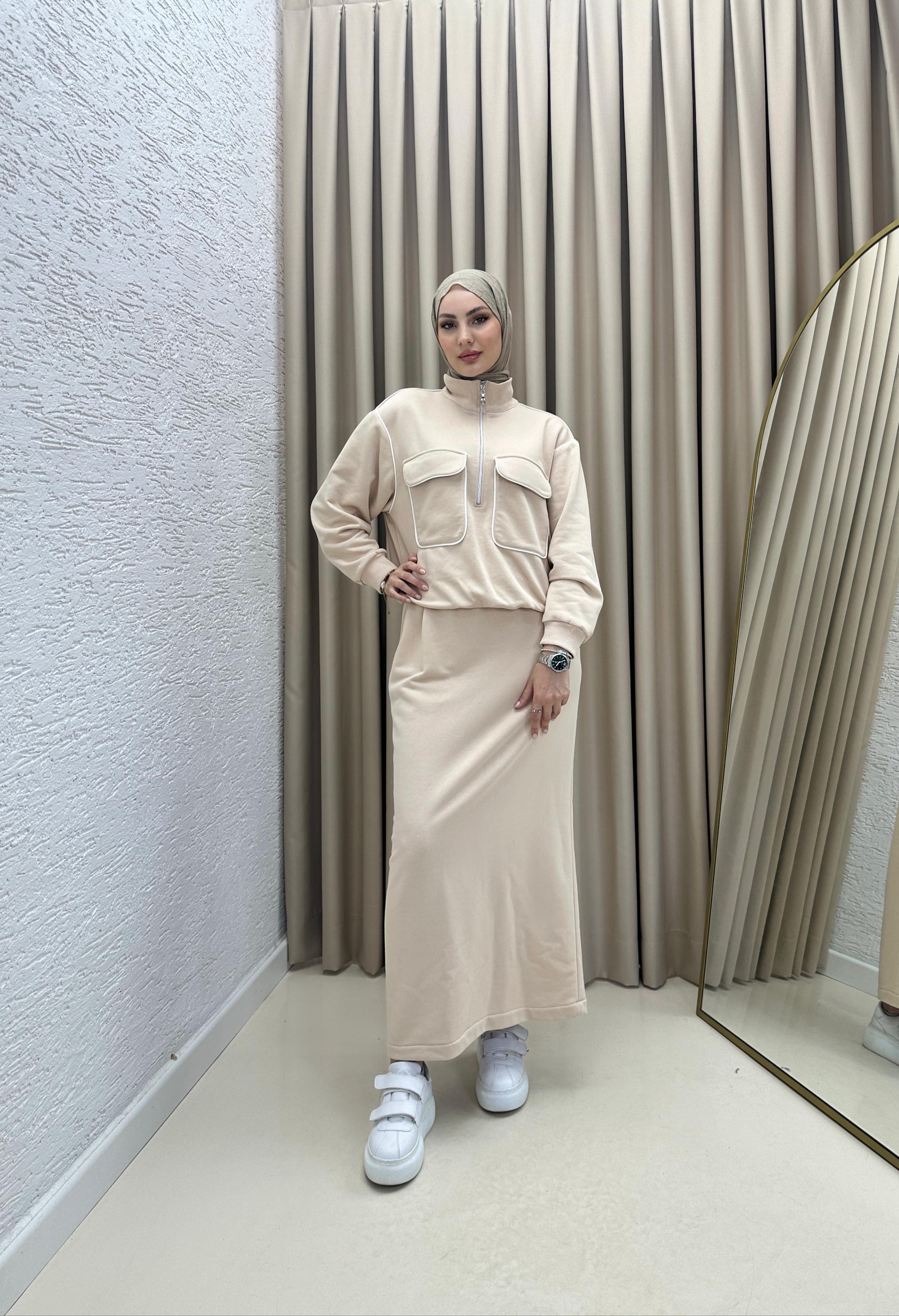 Şerit Detaylı Puf Takım Krem T7