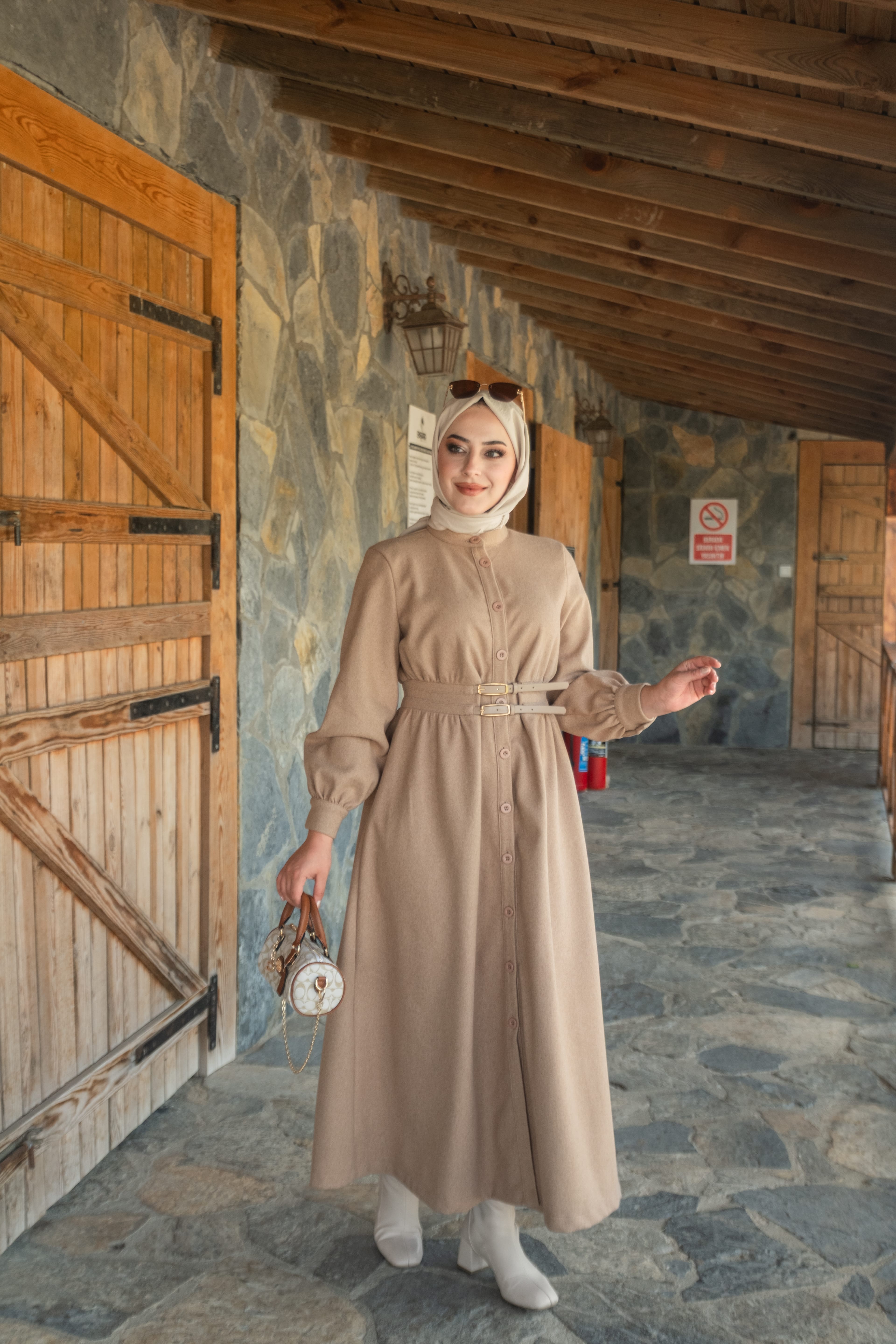2 Kemerli Kaşe Elbise Kahve K10