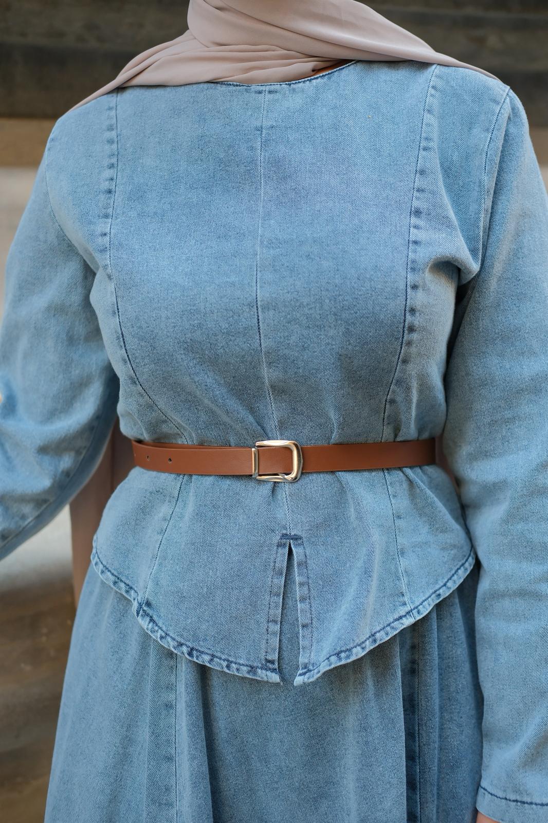 Noa Seyyar Kemer Detaylı Denim Takım -Buz Mavisi