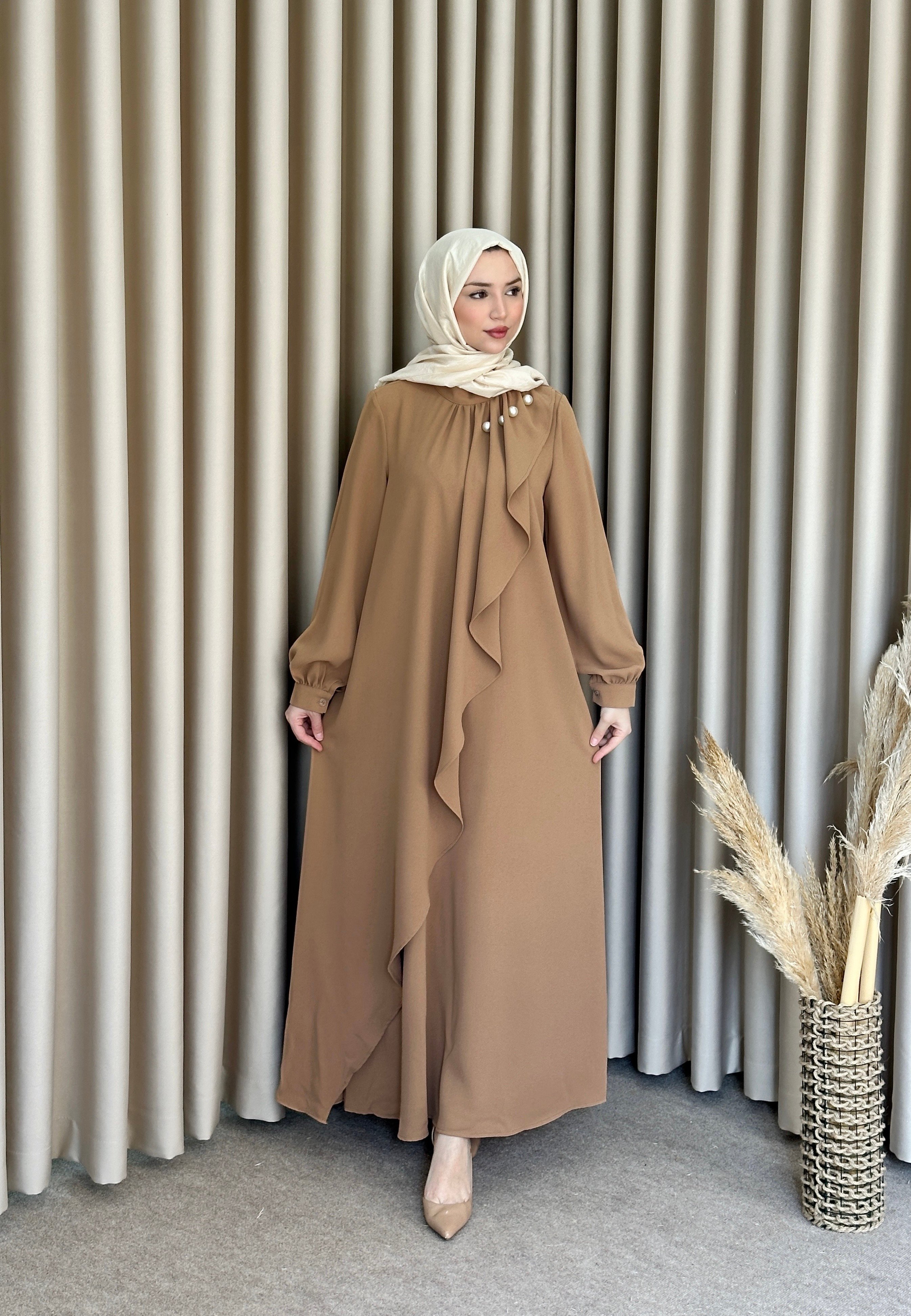 İncili Crep Elbise Kahverengi ELB80