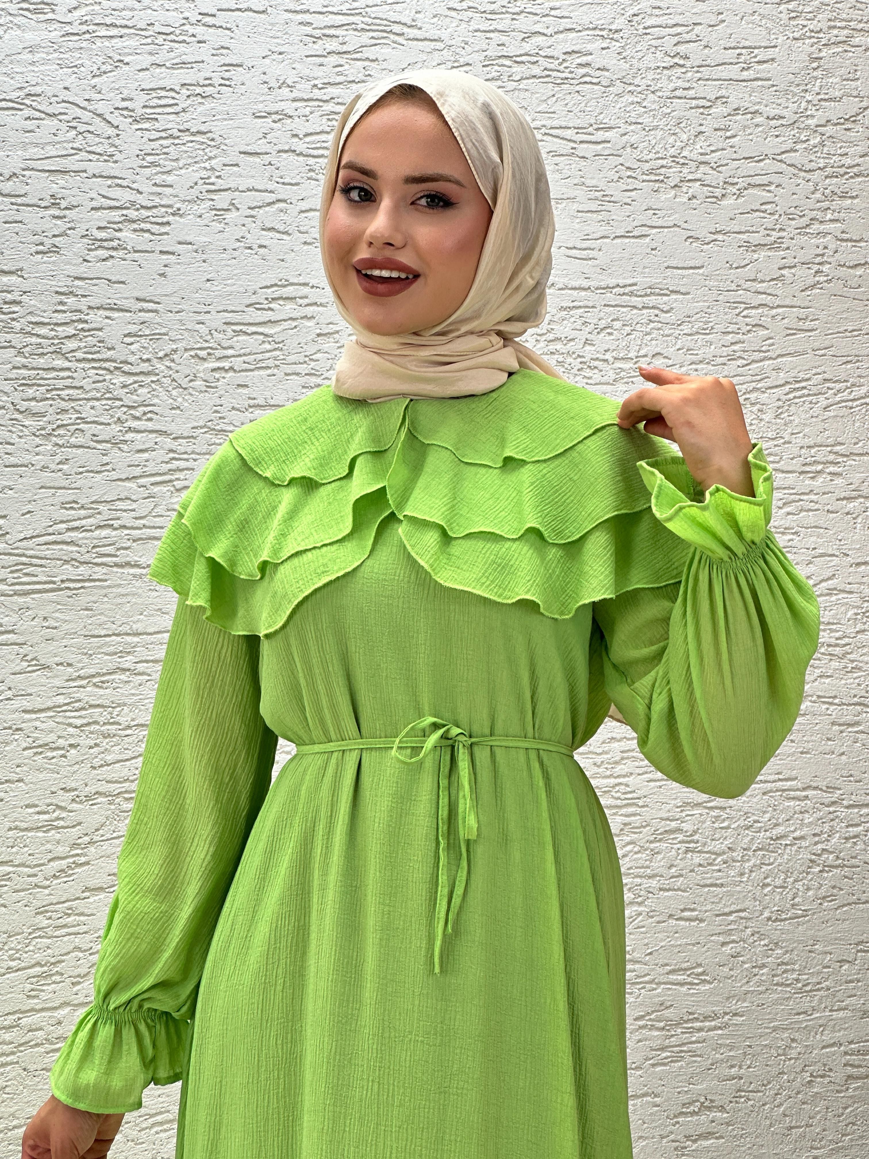 Omuzu Fırfırlı Tam Boy Elbise Yeşil ELB4