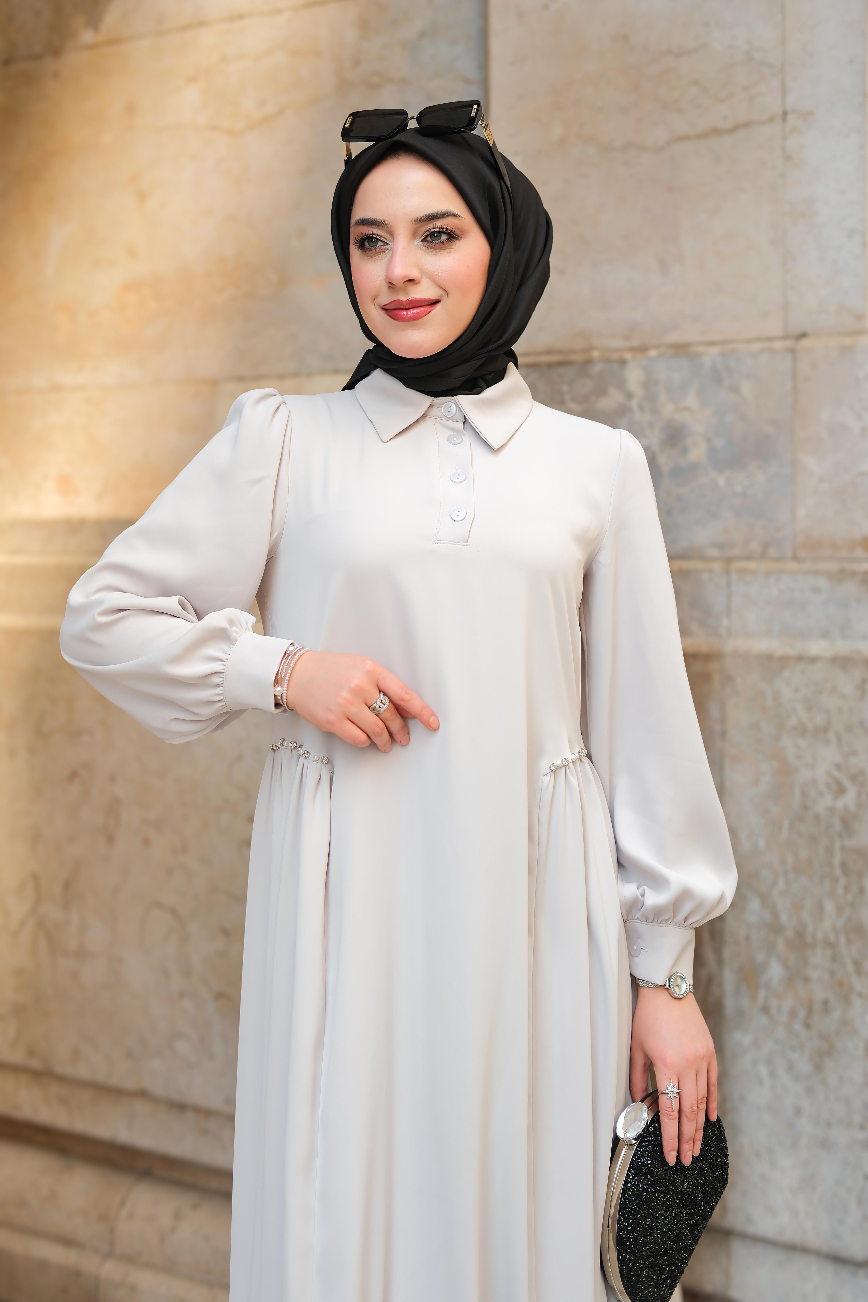Linda Saten İpek Elbise Taş ELB39