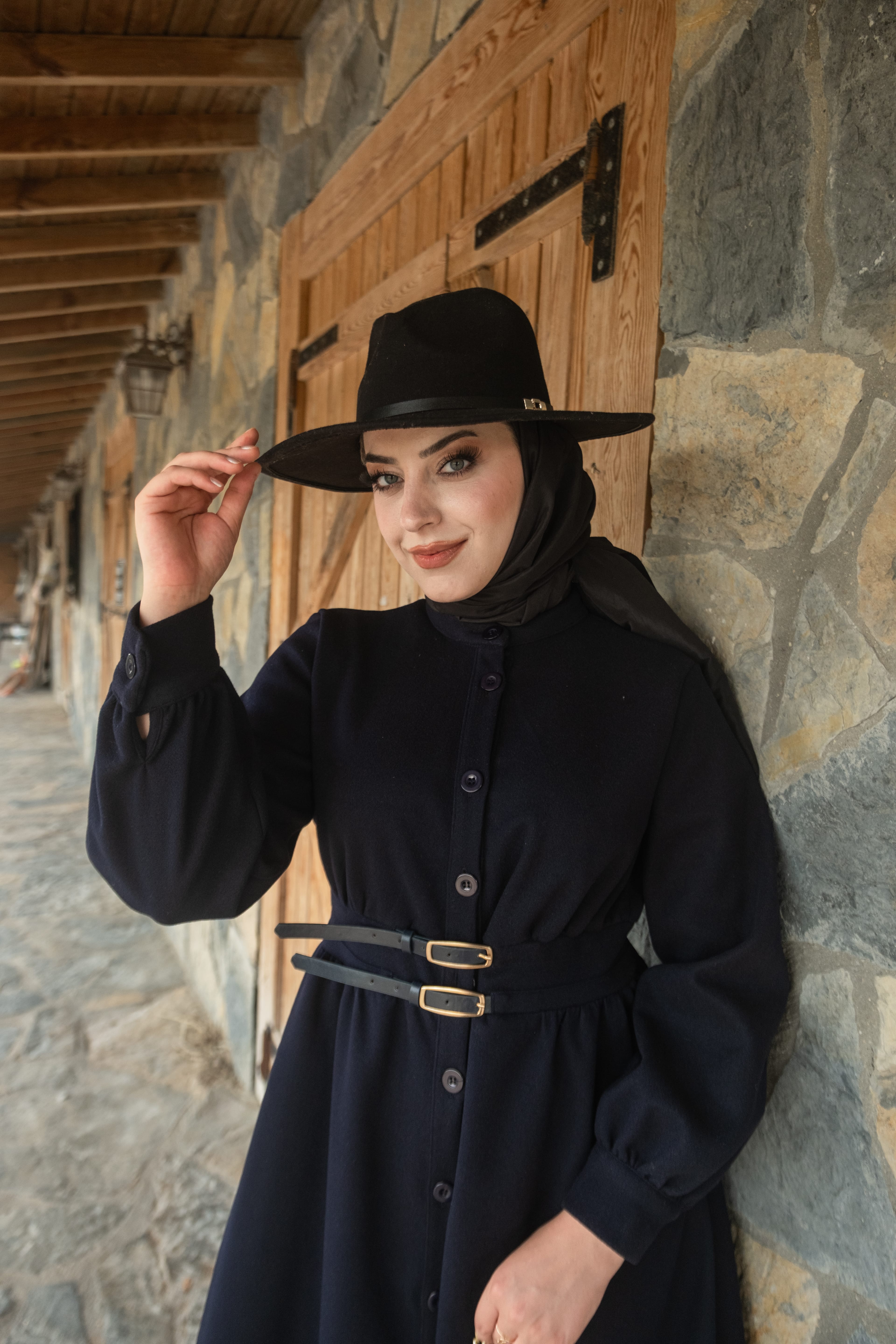 2 Kemerli Kaşe Elbise Siyah K10