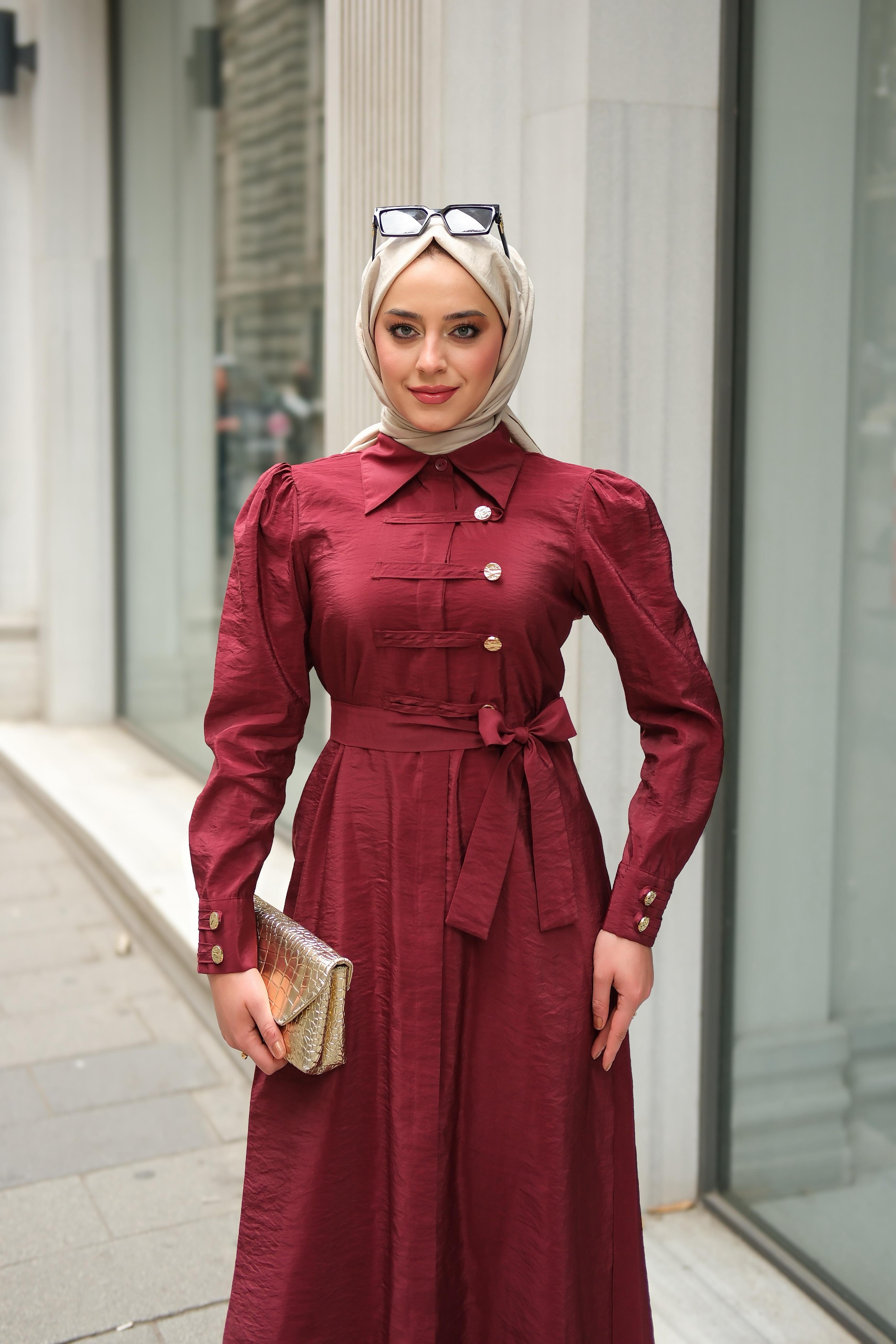 Siina Detay Elbise Bordo ELB43