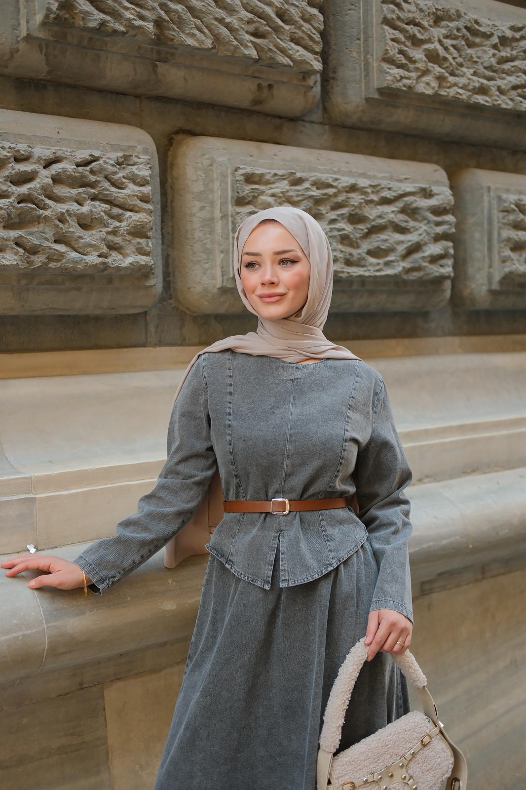 Noa Seyyar Kemer Detaylı Denim Takım -Antrasit Gri