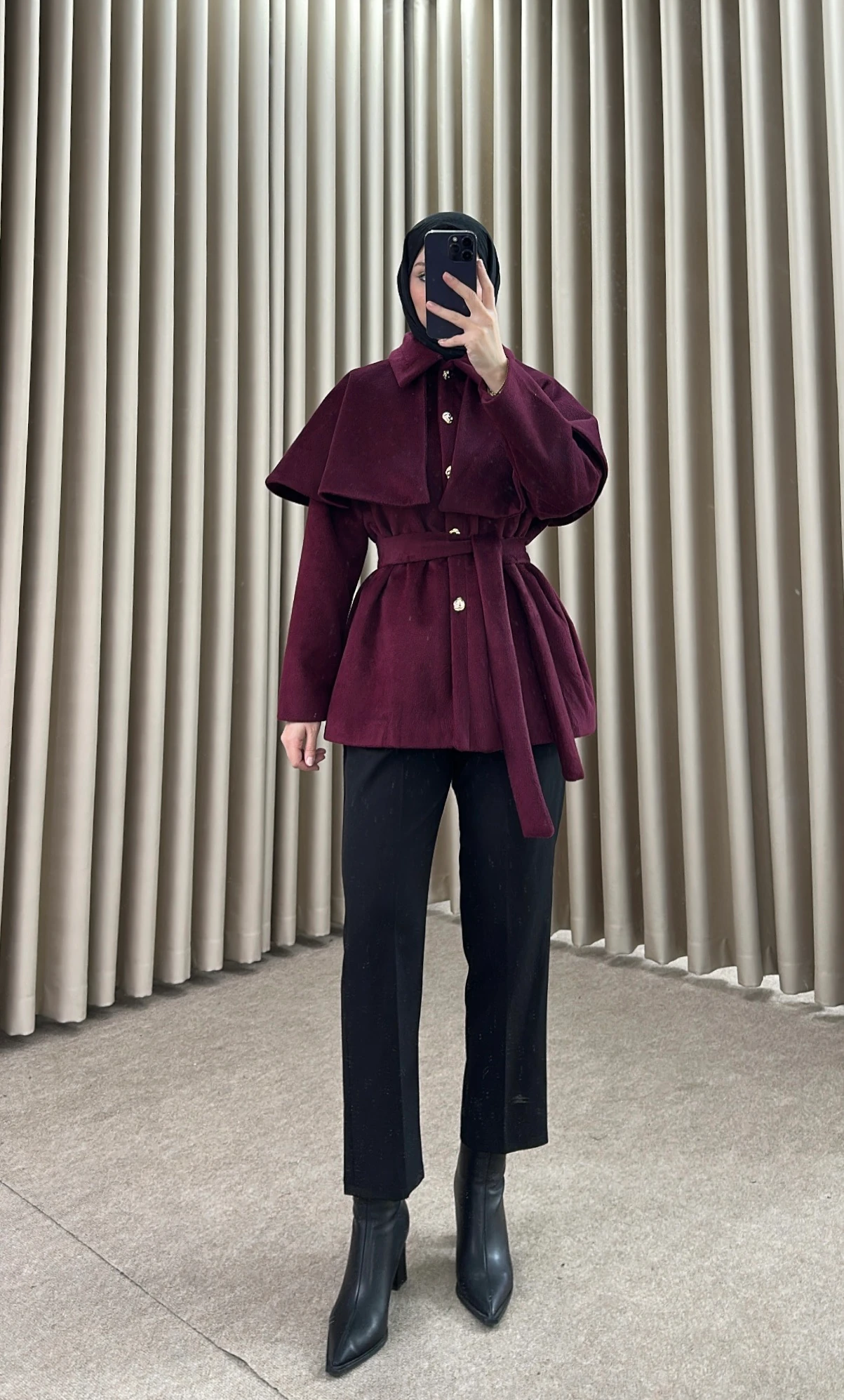 FLY PELERİN DETAYLI KAŞE KABAN BORDO K28