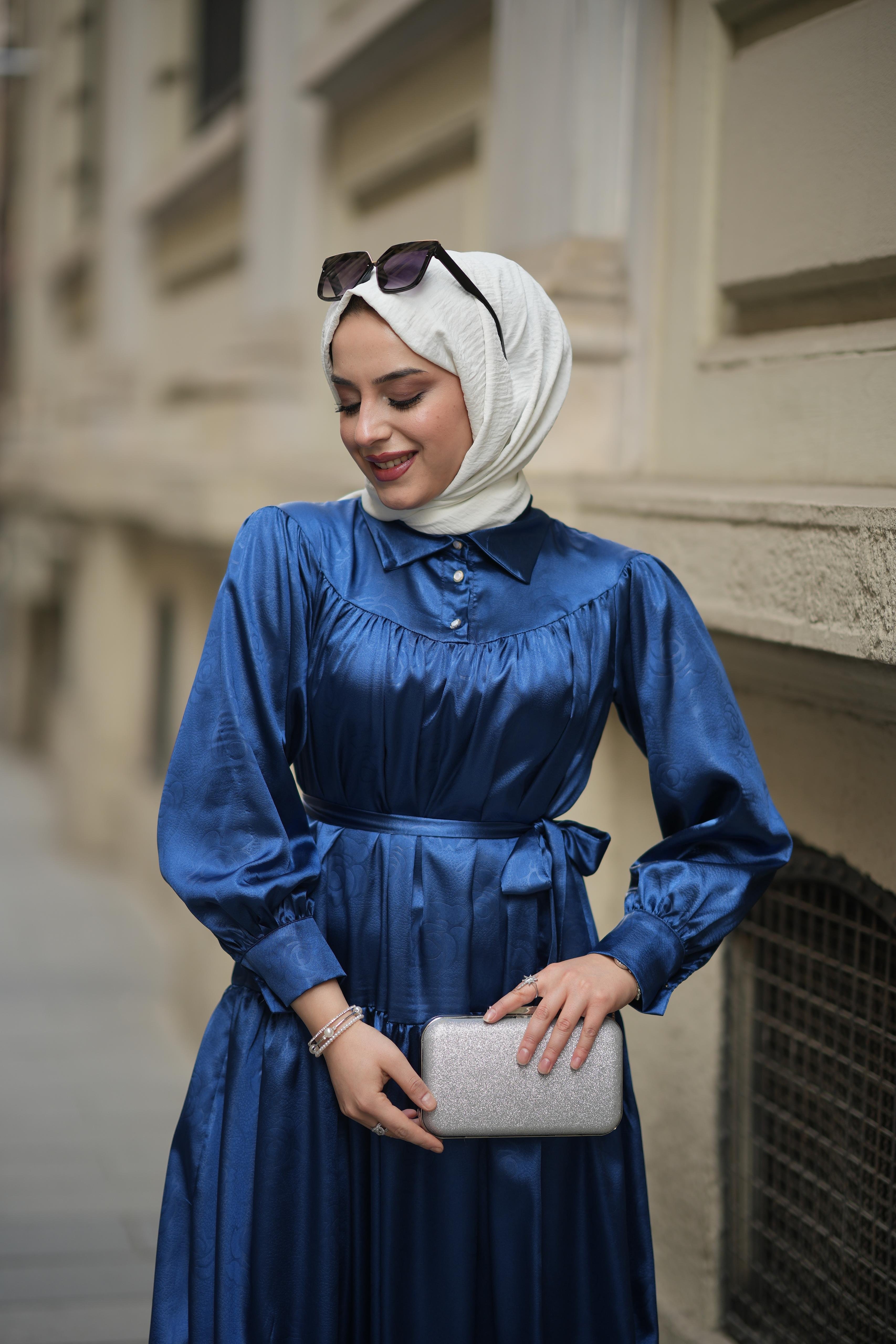 Dora Desenli Saten İpek Elbise İndigo Mavi ELB30