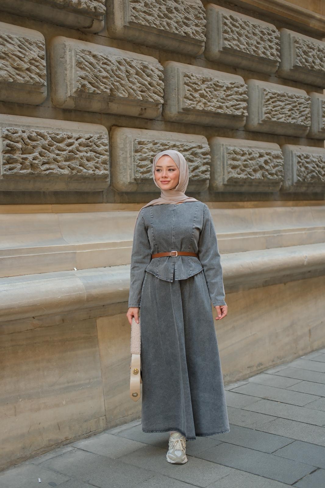 Noa Seyyar Kemer Detaylı Denim Takım -Antrasit Gri