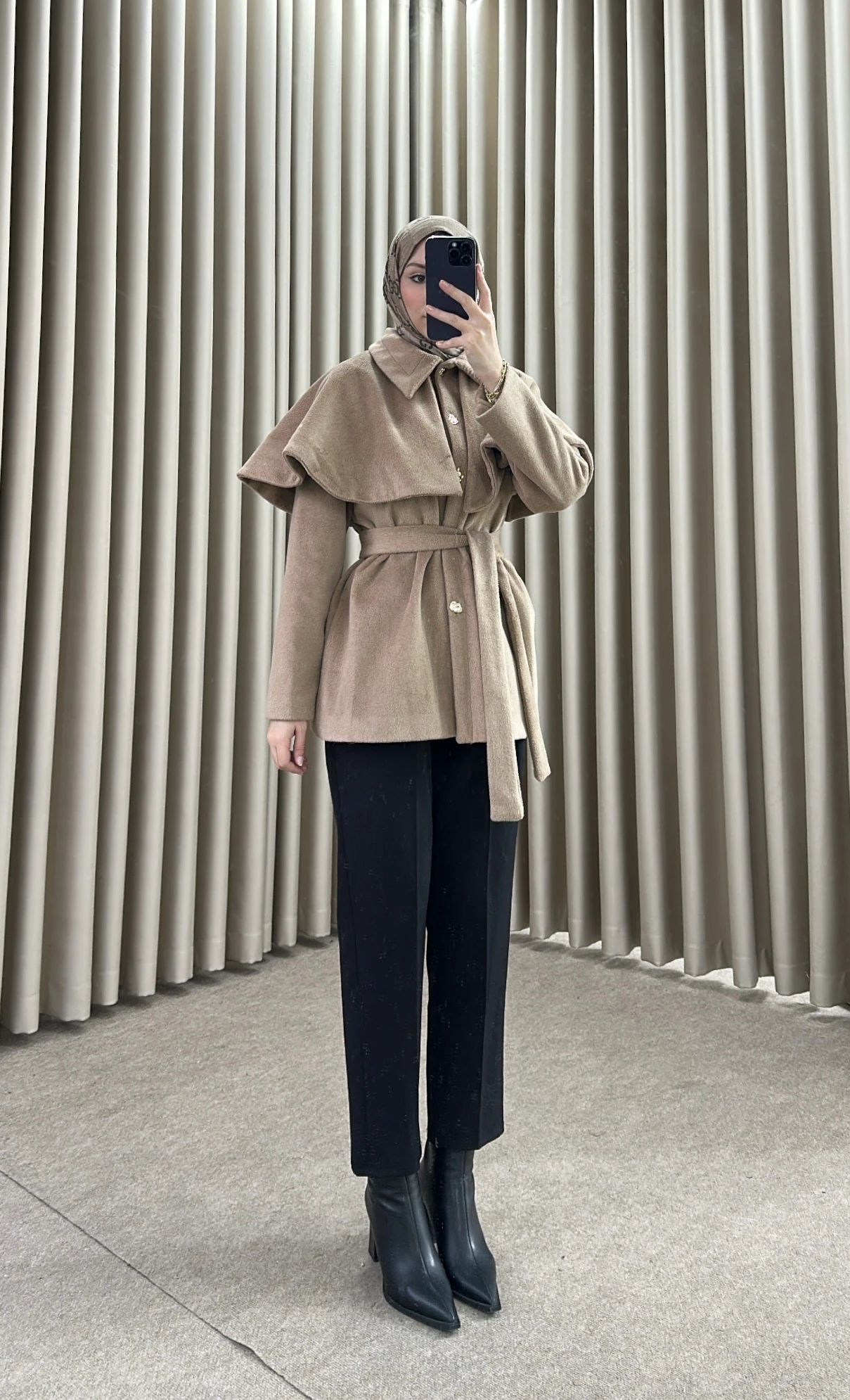 Fly Pelerin Detaylı Kaşe Kaban Bej K28