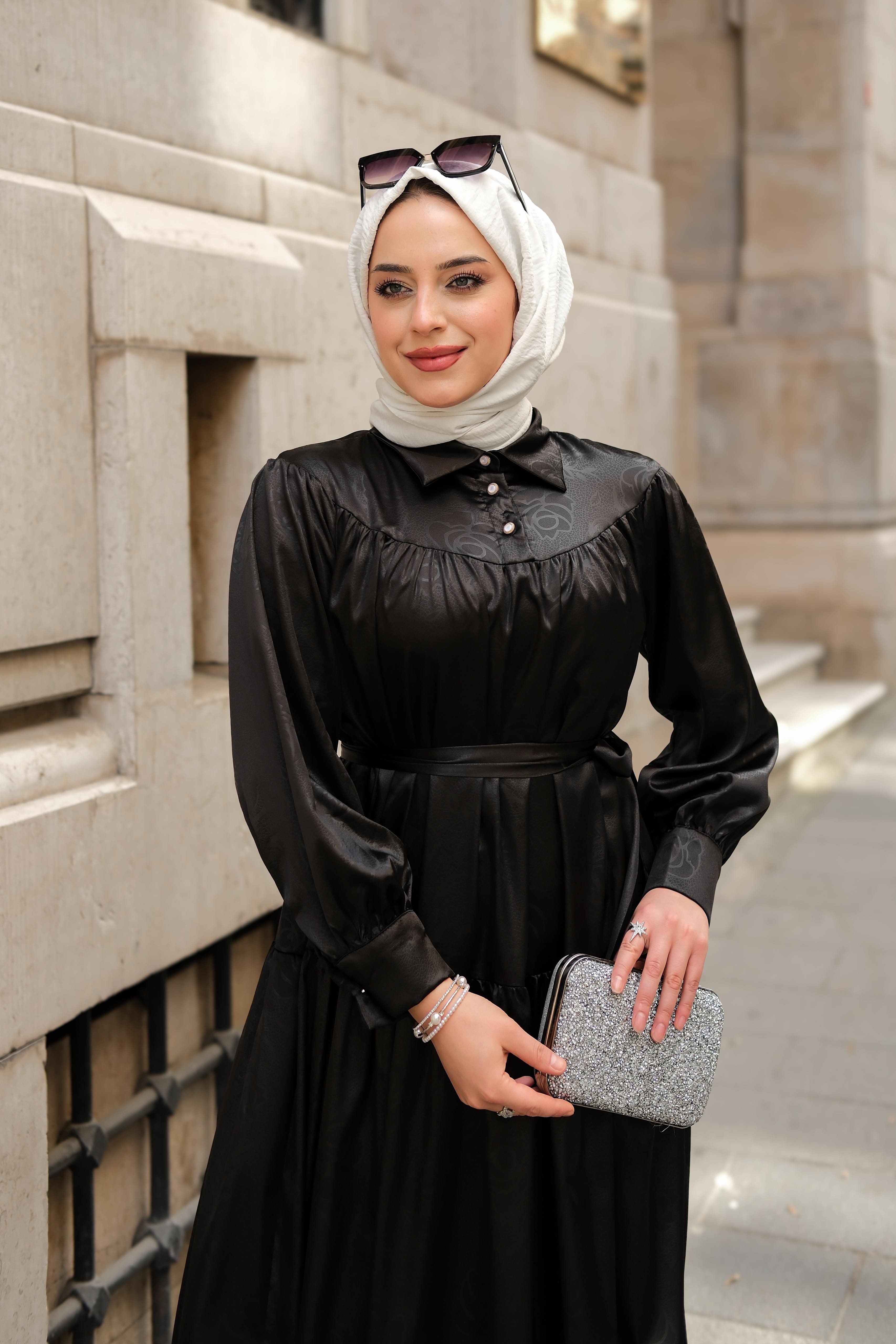 Dora Desenli Saten İpek Elbise Siyah ELB30