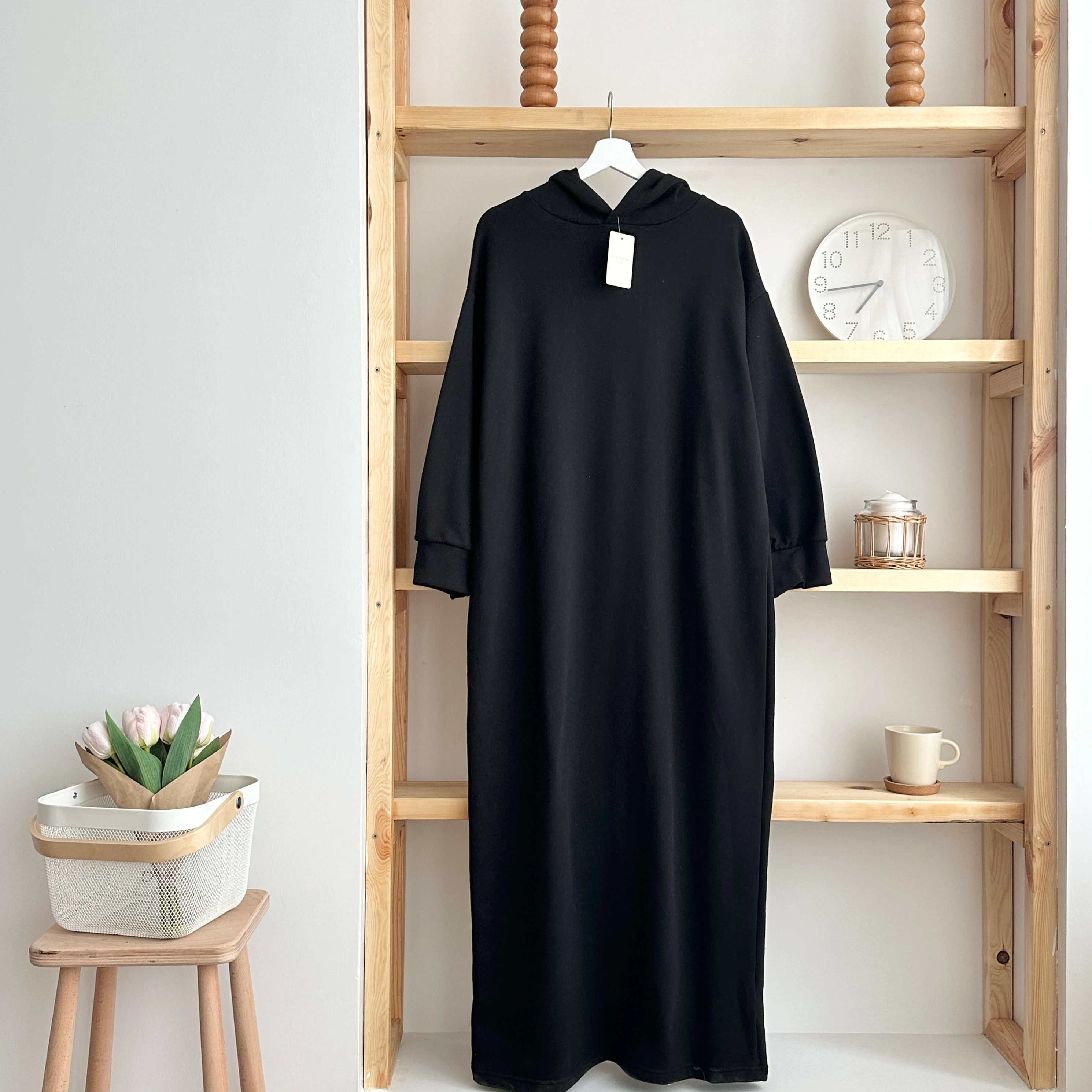 3 İplik Kapüşonlu Sweat Elbise - Siyah