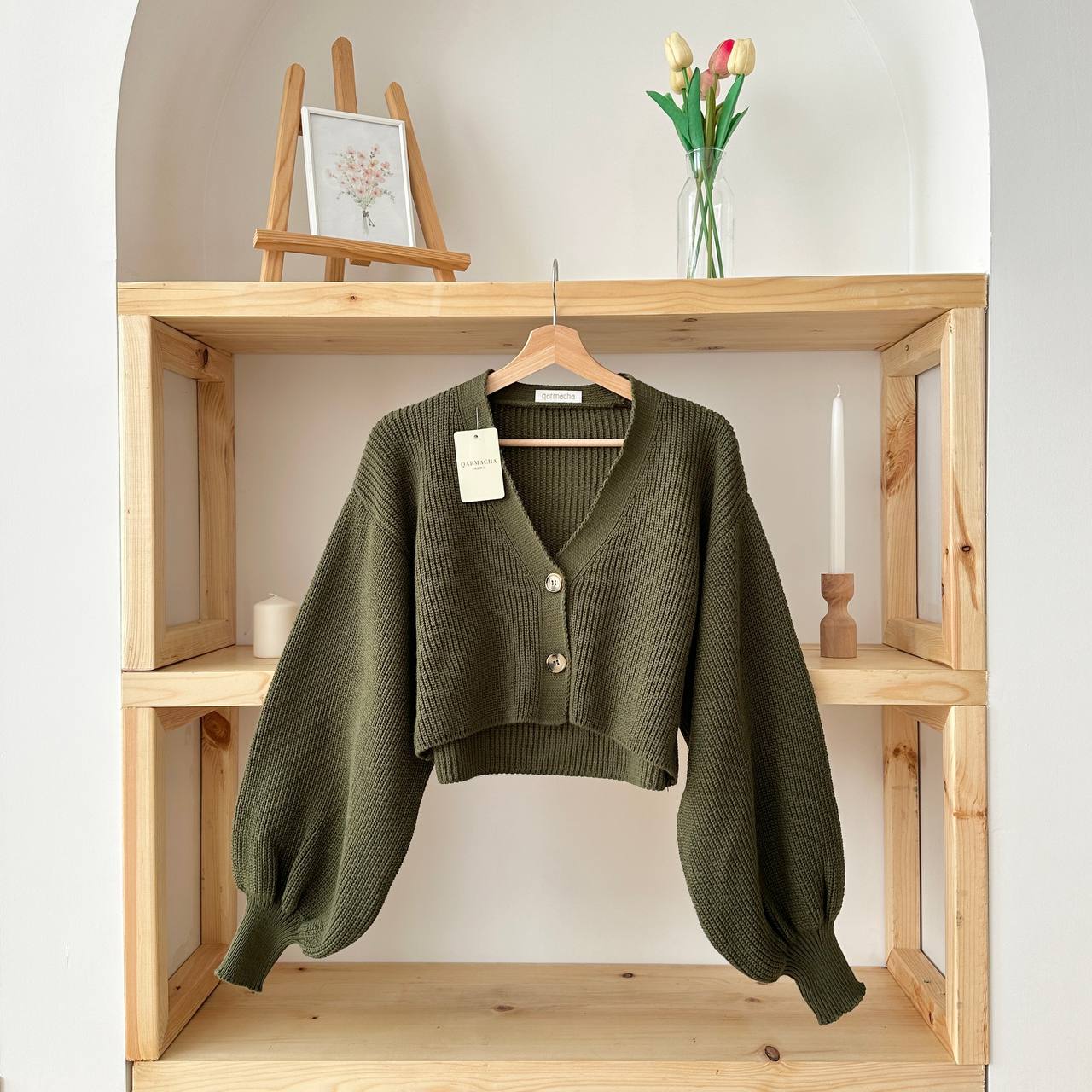 BALON KOL TRİKO CROP HIRKA - Haki Yeşili