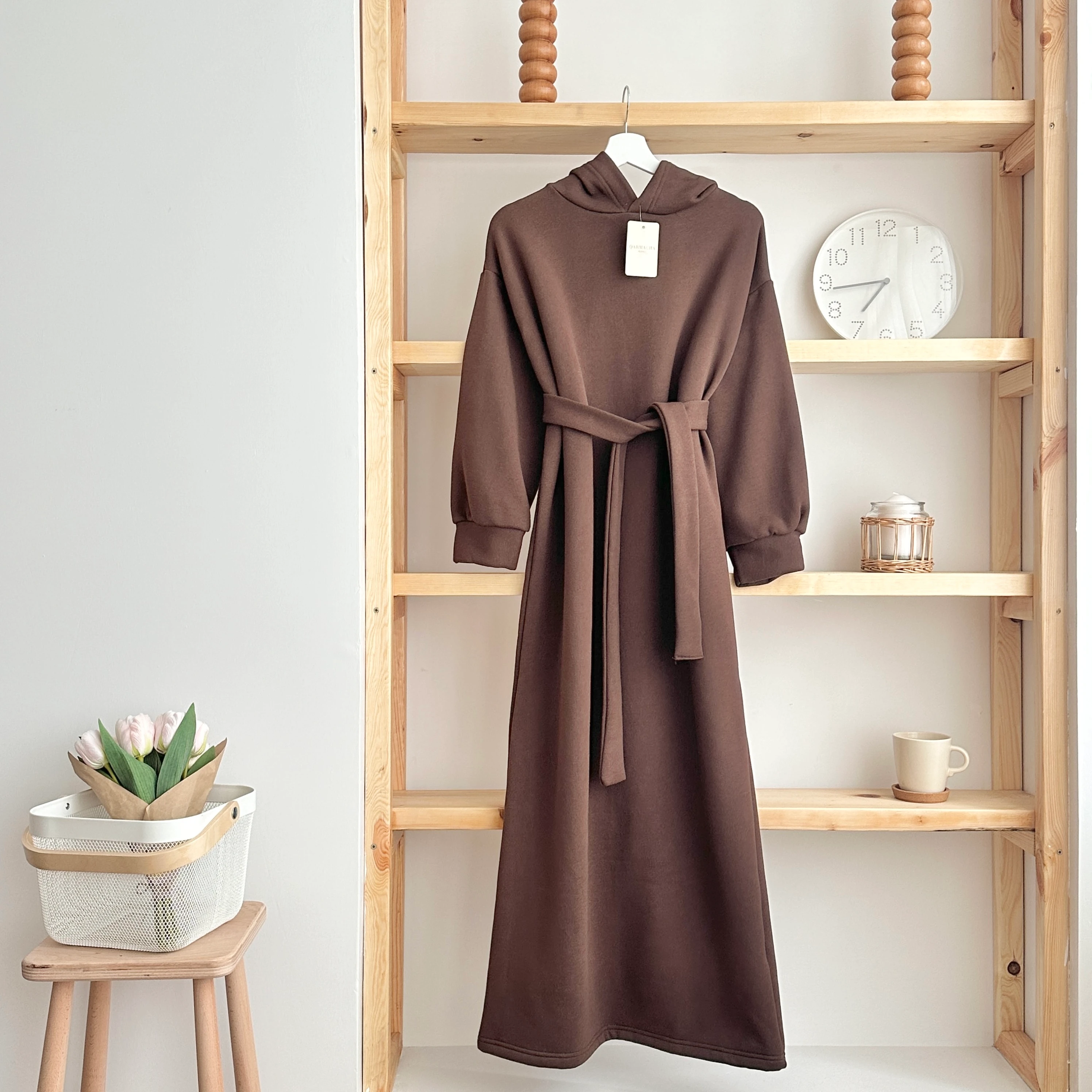 3 İplik Kapüşonlu Sweat Elbise - Acı Kahve