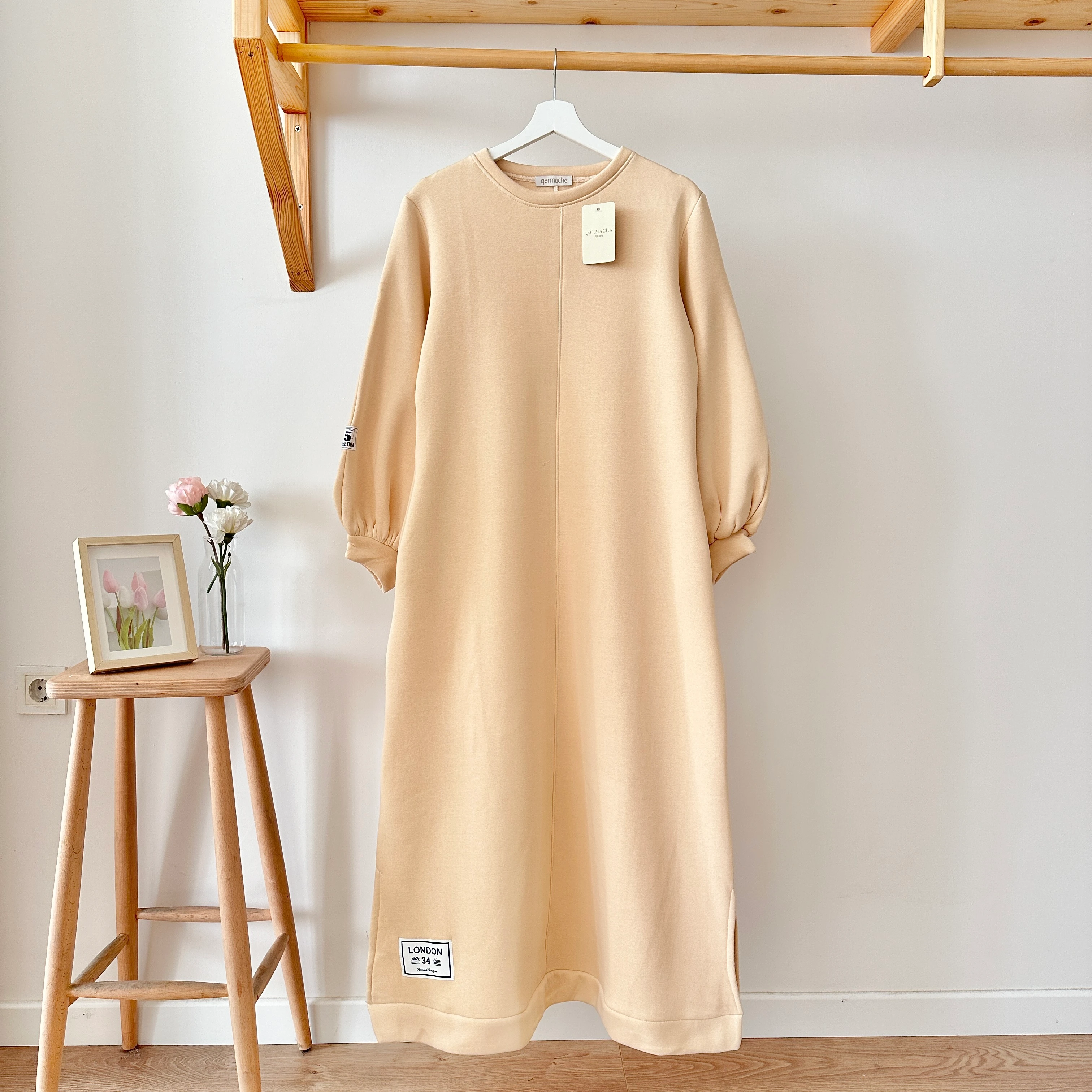 3 İplik Balon Kol Yazılı Elbise - Krem