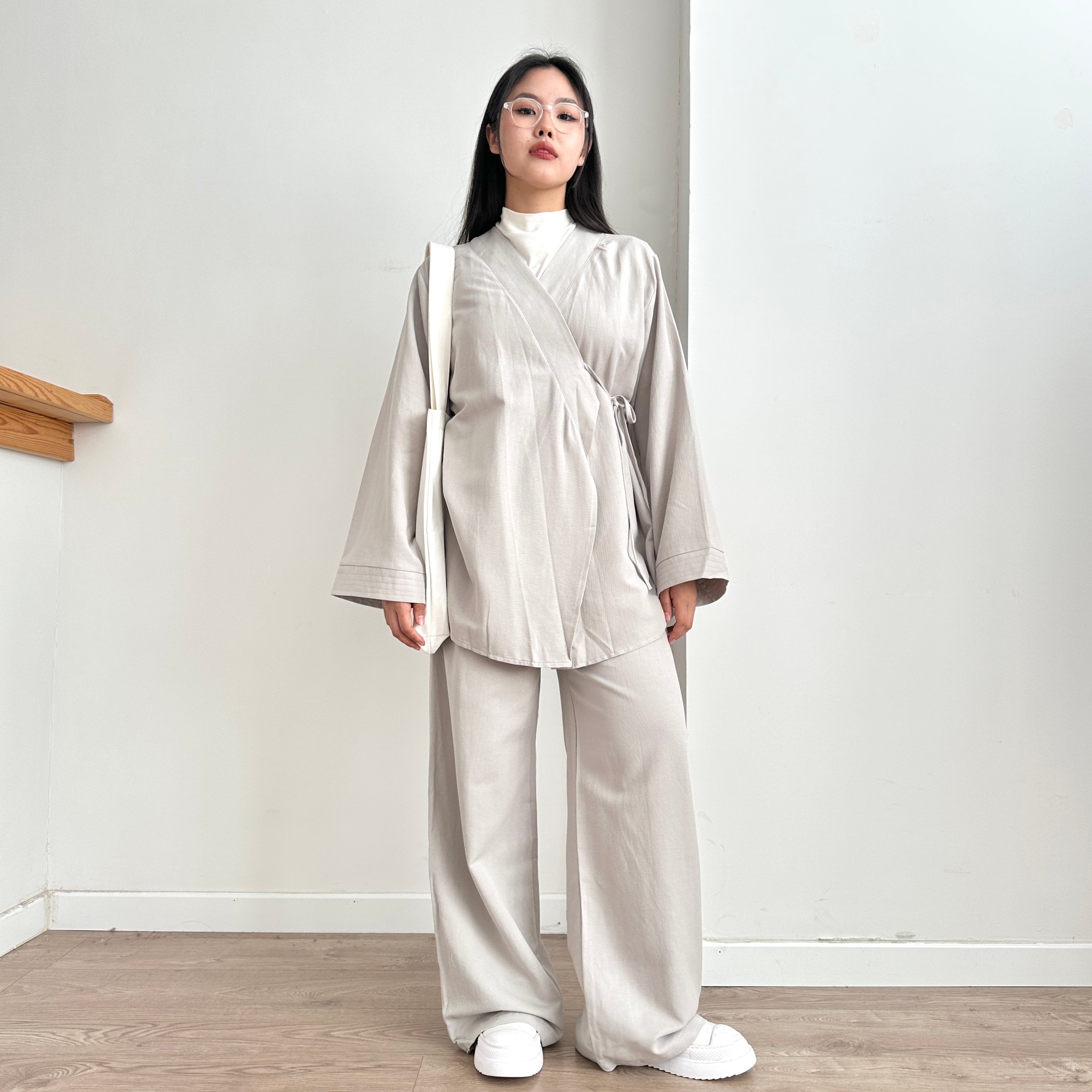 Belden Bağlamalı Keten Kimono & Pantolon Takım - Küllü Gri
