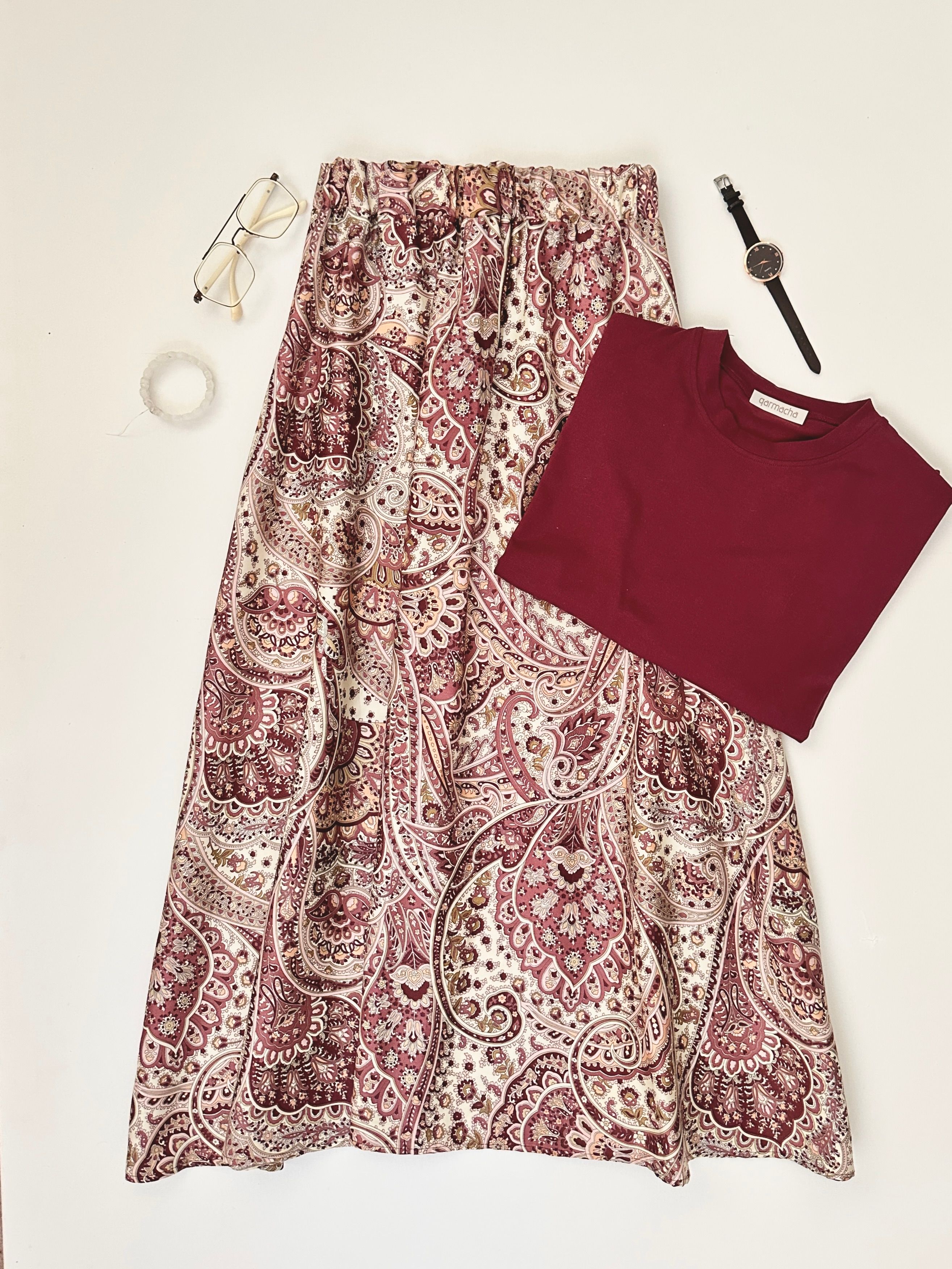 Penye Body & Etnik Desenli Saten Kloş Etek - Üst Bordo & Alt Bordo