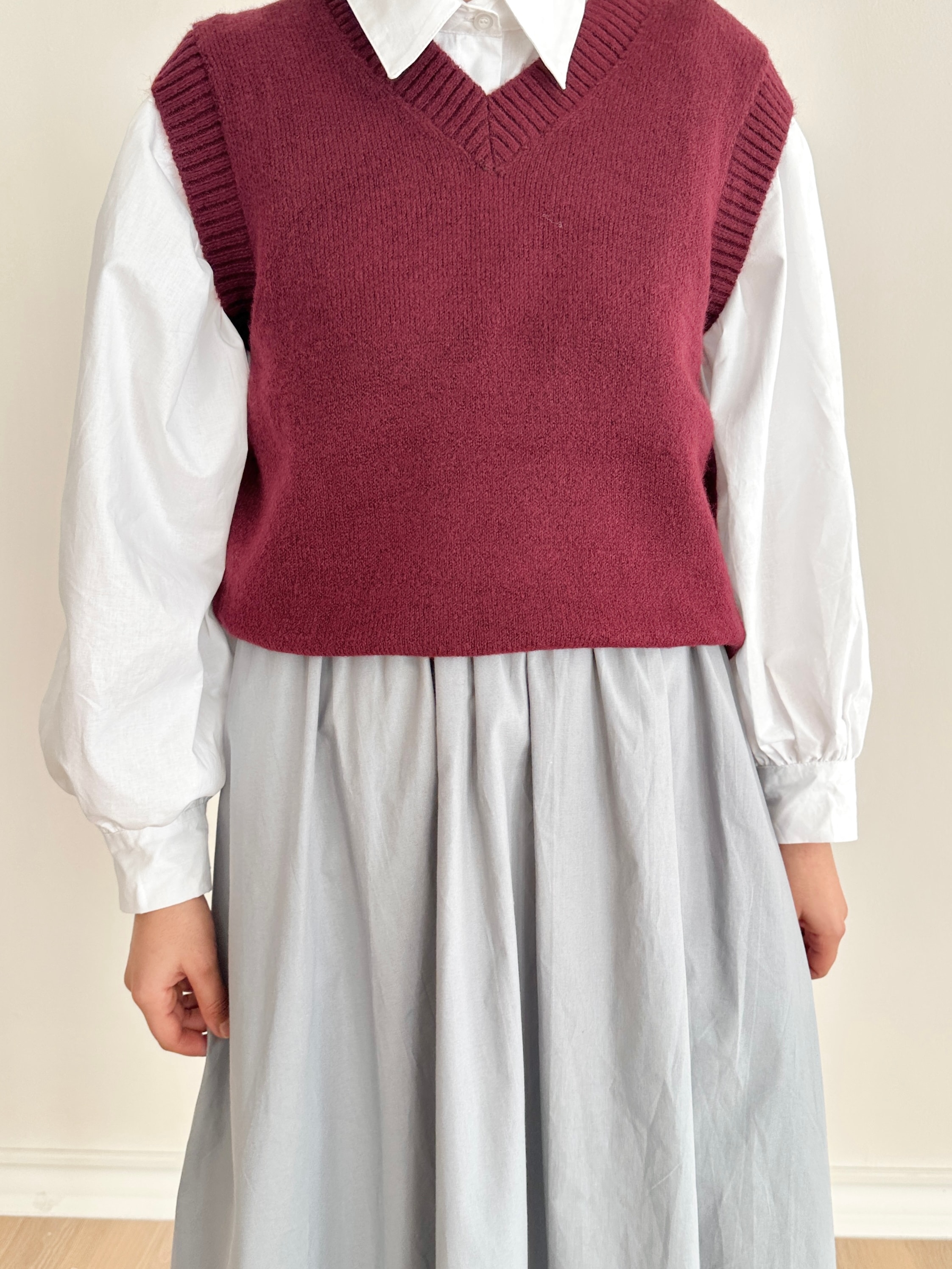 V Yaka Triko Süveter - Bordo
